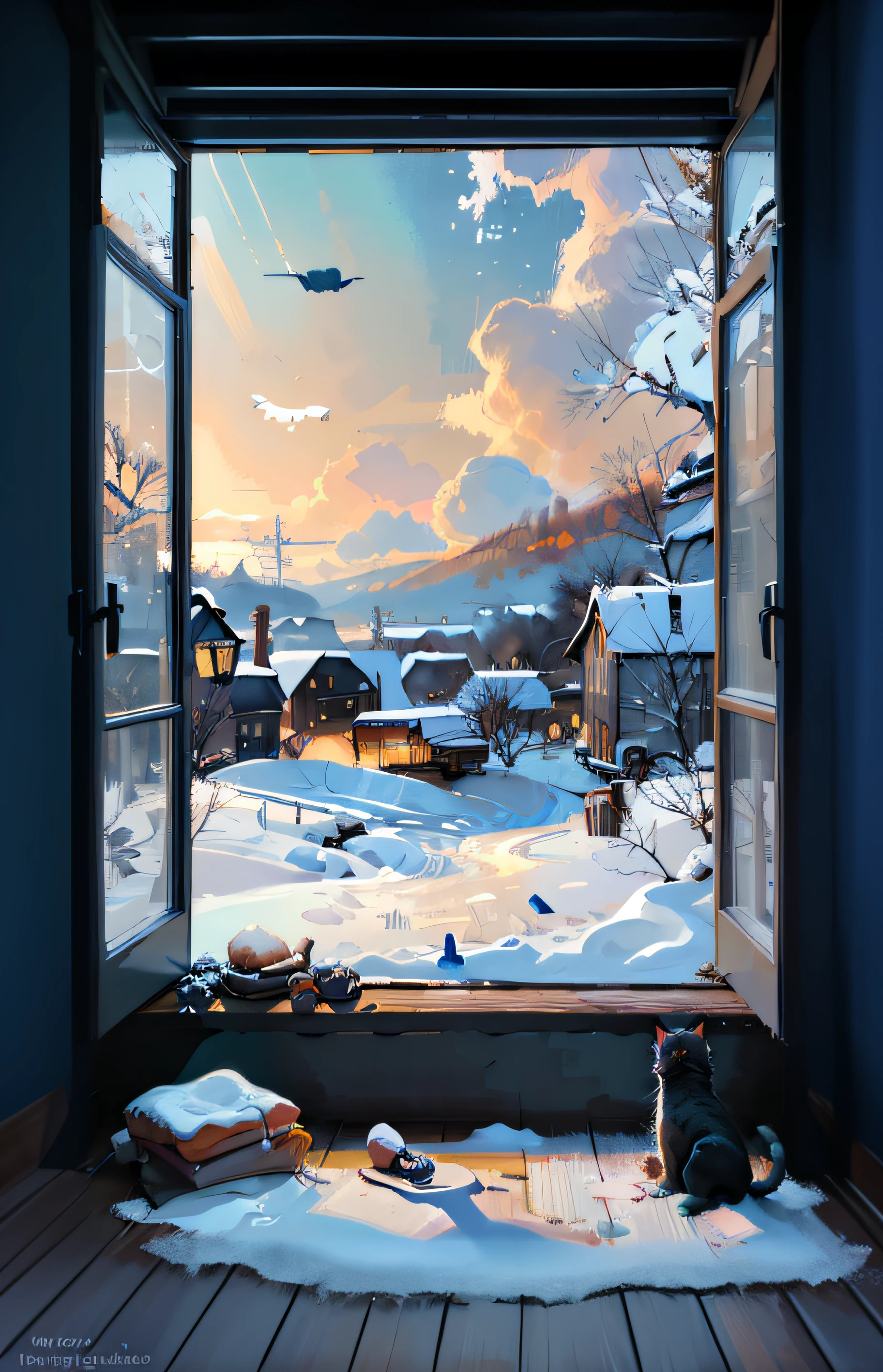 there is a cat sitting on the floor looking out of a window, Arte conceitual de inverno, inspired by Krzysztof Boguszewski, 4k highly detailed digital art, inspired by Evgeny Lushpin, Illustration matte painting, Beautiful digital artwork, inspired by andrey ryabovichev, inspired by Yuri Ivanovich Pimenov