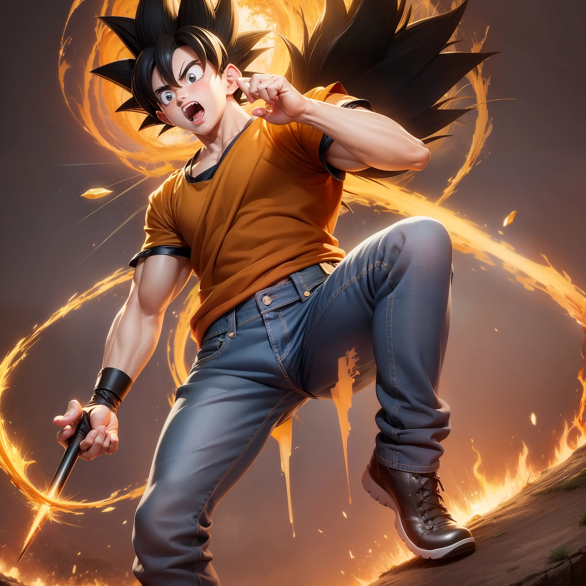 son goku,1boys,Jeans,Shocking roar,looking the sky,Hold a golden hoop rod in your hand,Red Fire Sky,The ultra -The high-definition