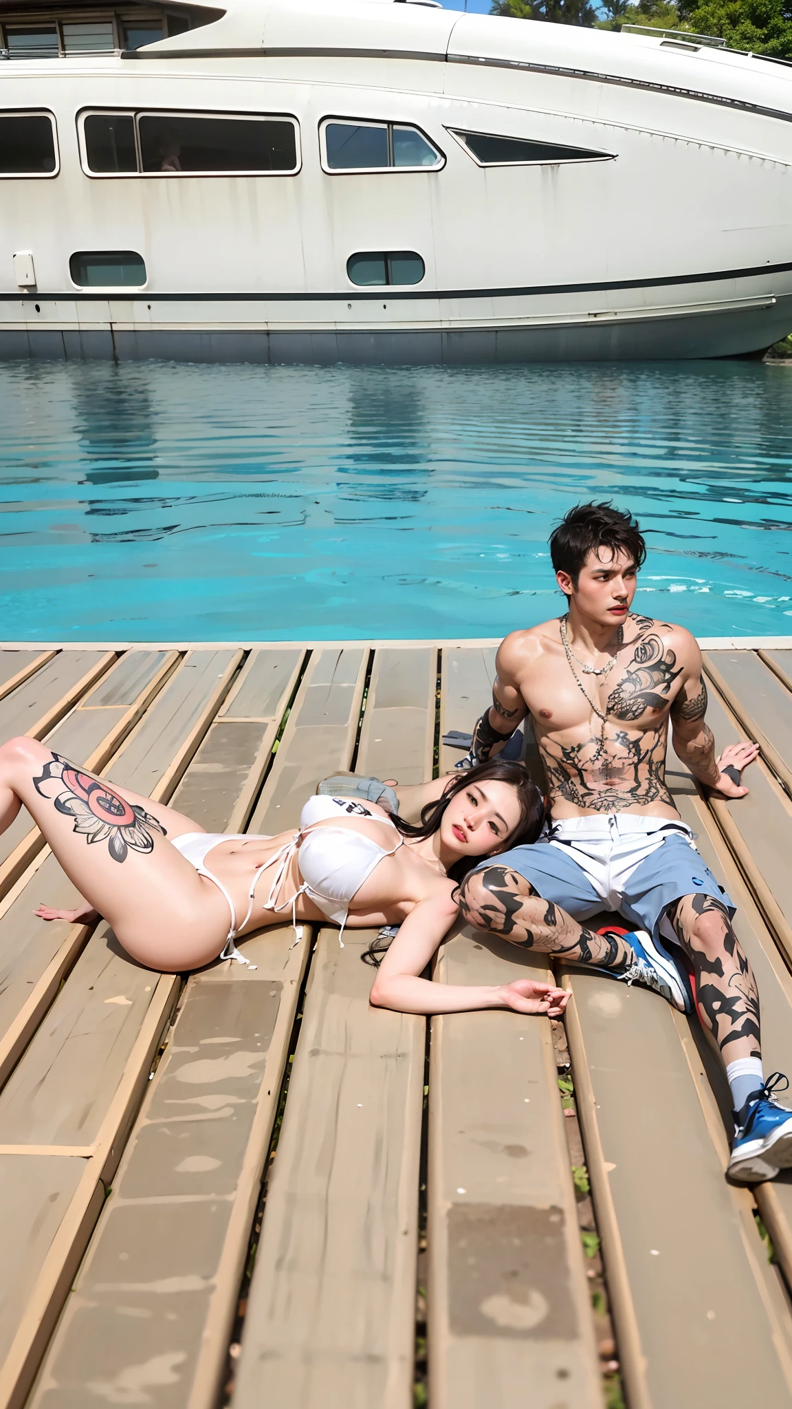 Girl and boy pair, the girl ????????????, micro ??????, exposed ???????, ??????? protruding ??????? indentation, see-through ??????, Azur lane, massive ???????, portrait, perfect angle professional quality high resolution perfect contrast perfect lighting perfect composition perfect Waifu perfect skin perfect hands perfect fingers perfect ??????? perfect hair perfect face realistic facial features masterpiece bigh ????? Wearing a ???? make Her face is cute and sweet, And the guy portrait, perfect angle professional quality high resolution perfect contrast perfect lighting perfect composition perfect husbu perfect skin perfect hands perfect fingers perfect Muscular  perfect hair perfect face realistic facial features masterpiece Tattooed and his face like a handsome Korean And this couple is like posing for