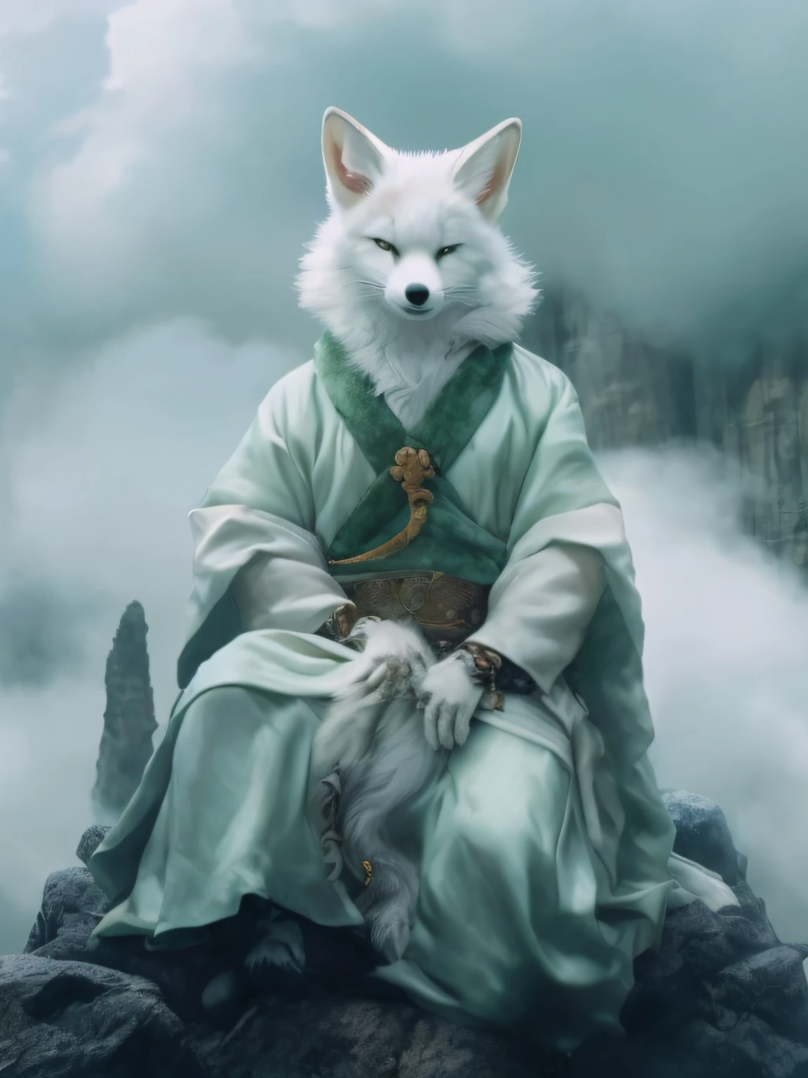 araffe dressed in a white robe sitting on a rock, white fox anime, dog as a god, Kitsune, White fox, furry fantasy art, kitsune three - tailed fox, White-haired fox, fox nobushi, kitsune inspired armor, ethereal fox, a moogle in the legend of korra, anthropomorphic fox