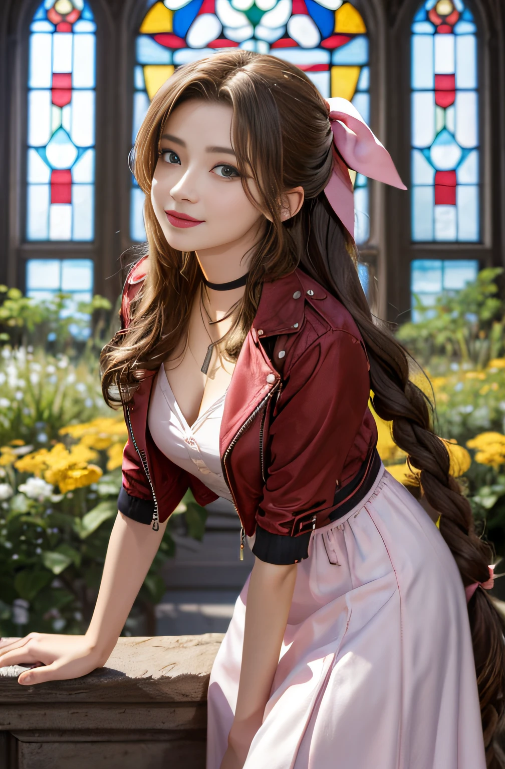 masutepiece, Best quality, large resolution, ygo, Ultra-detailed, large resolution, Very detailed CG Unity 8K Wallpapers, Perfect Artwork, Perfect female figure, 1girl in, aerith gainsborough, Choker, Cropped jacket, Hair Bow, Bracelet, Pink dress, Looking at Viewer, Leaning forward, lightsmile, Indoors, stained glass window, Flower Garden,