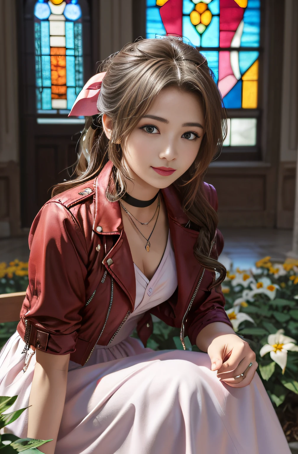 masutepiece, Best quality, large resolution, ygo, Ultra-detailed, large resolution, Very detailed CG Unity 8K Wallpapers, Perfect Artwork, Perfect female figure, 1girl in, aerith gainsborough, Choker, Cropped jacket, Hair Bow, Bracelet, Pink dress, Looking at Viewer, Leaning forward, lightsmile, Indoors, stained glass window, Flower Garden,