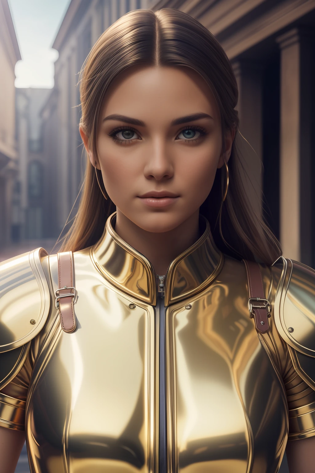 photography of a muscular girl,  flowing hair, wearing golden armour, silver jewellery, big walking boots, big bust, locks eyes into the camera, symmetrical eyes, symmetrical face, photorealistic, photography, path tracing, specular lighting, volumetric face light, path traced hair, visible shadows, intricate, elaborate