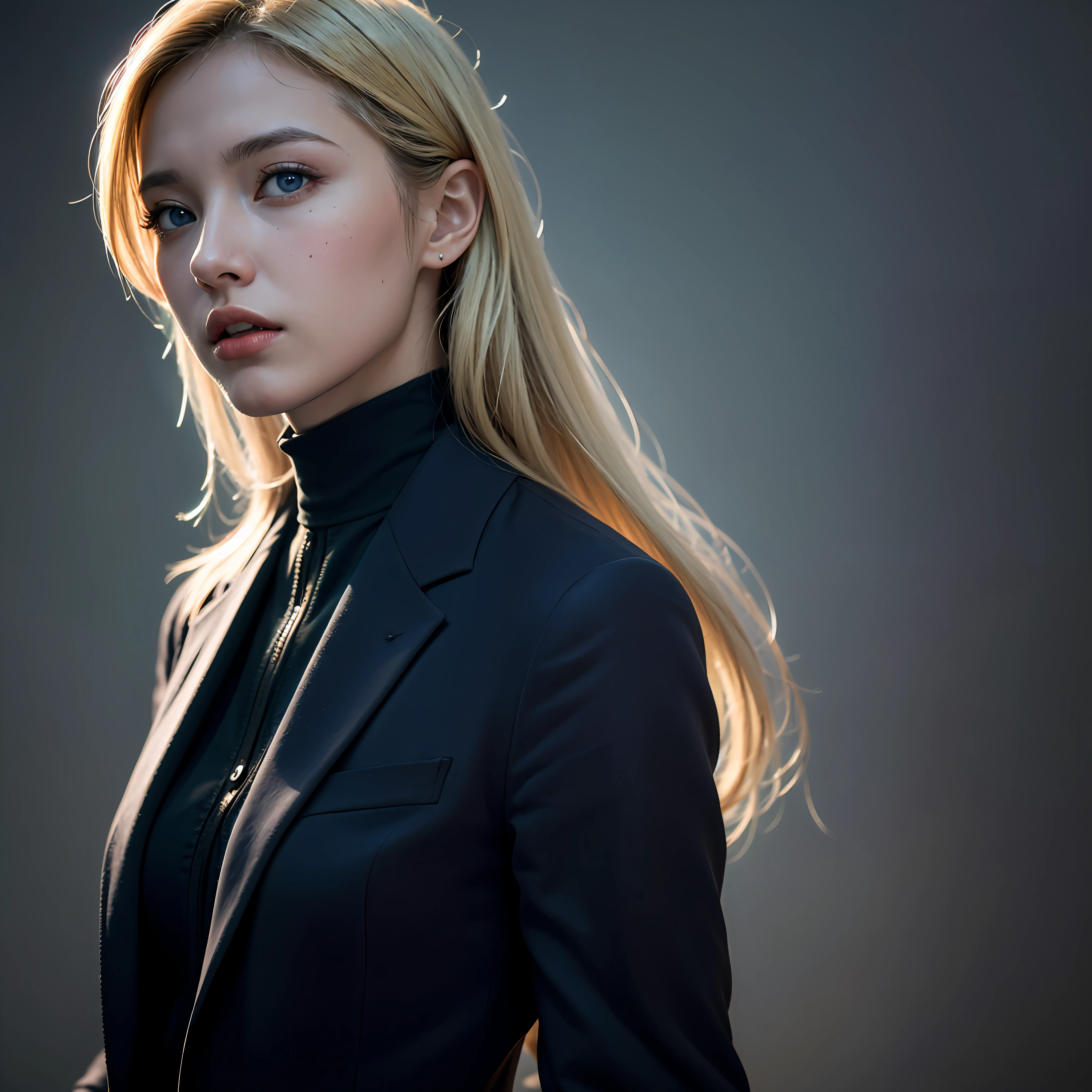 Best quality, masterpiece, ultra high res, (photorealistic:1.4), raw photo, 1girl, blonde hair, blue eyes, detailed eyes and face, black suit, dynamic lighting, in the dark, deep shadow, low key, cowboy shot full-lenght body