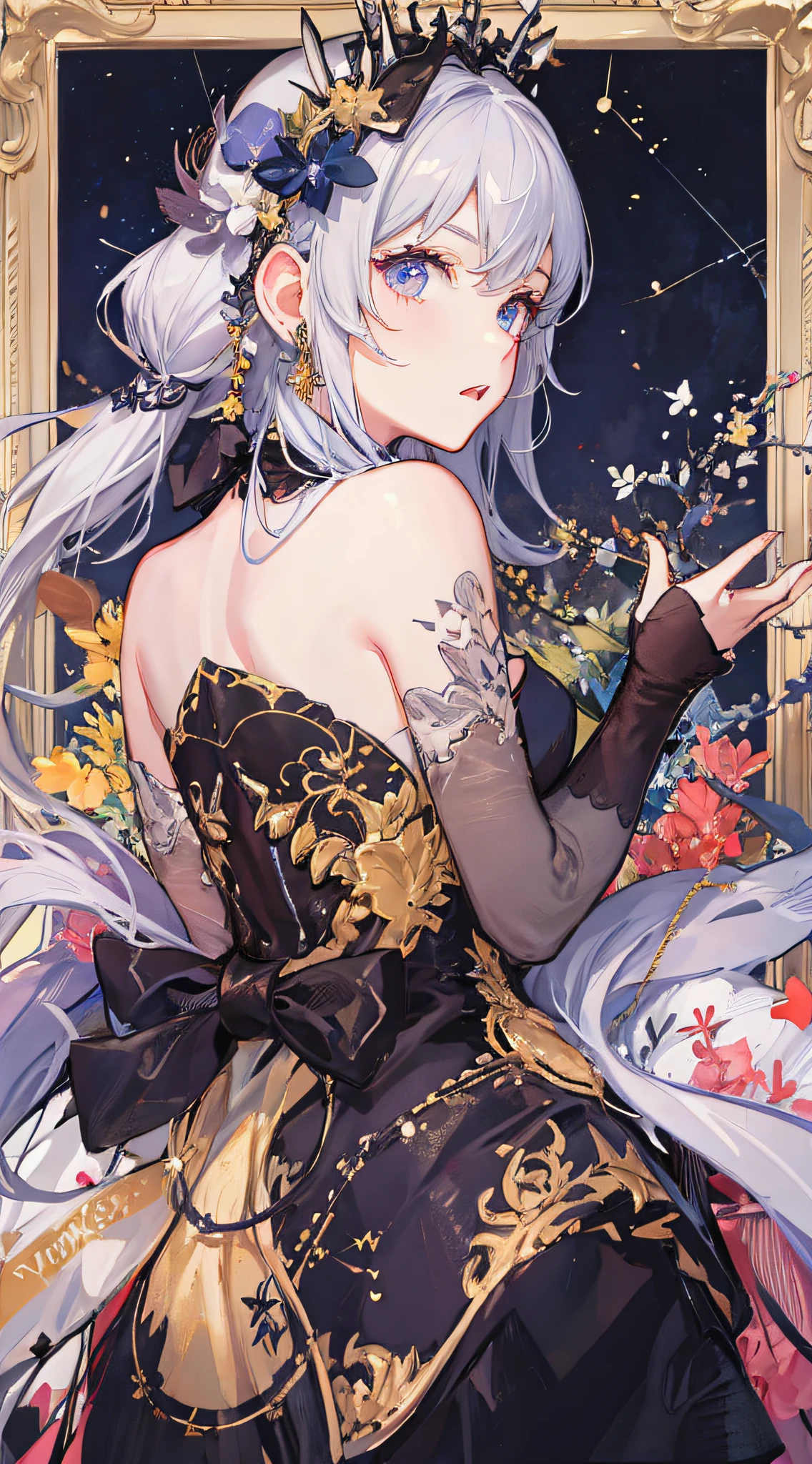 ((Anime girl with white hair))、beste-Qualit、​masterpiece、Night view of beautiful constellations、