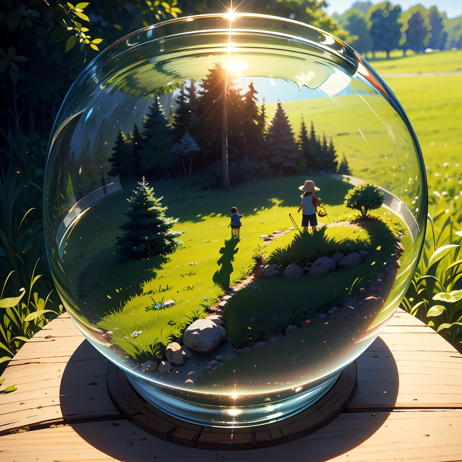 ((The world in the bowl)),(Miniatures),There are trees in the bowl,grass field,The path is in the bowl,((The child is playing)),tmasterpiece,The ultra -The high-definition,detailed detail,film effect