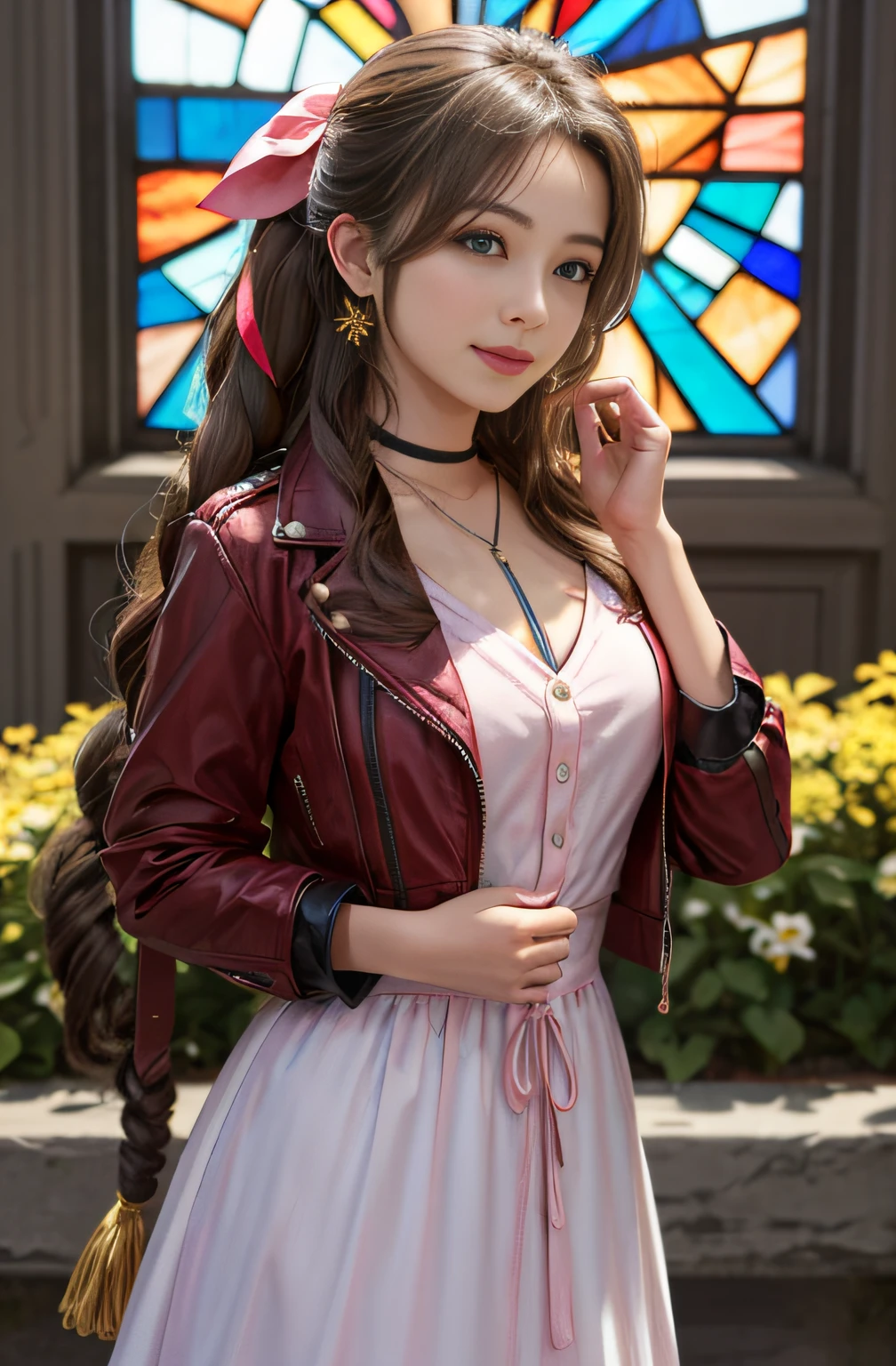 masutepiece, Best quality, large resolution, ygo, Ultra-detailed, large resolution, Very detailed CG Unity 8K Wallpapers, Perfect Artwork, Perfect female figure, 1girl in, aerith gainsborough, Choker, Cropped jacket, Hair Bow, Bracelet, Pink dress, Looking at Viewer, lightsmile, Indoors, stained glass window, Flower Garden,Moderate chest、Details Eye Makeup