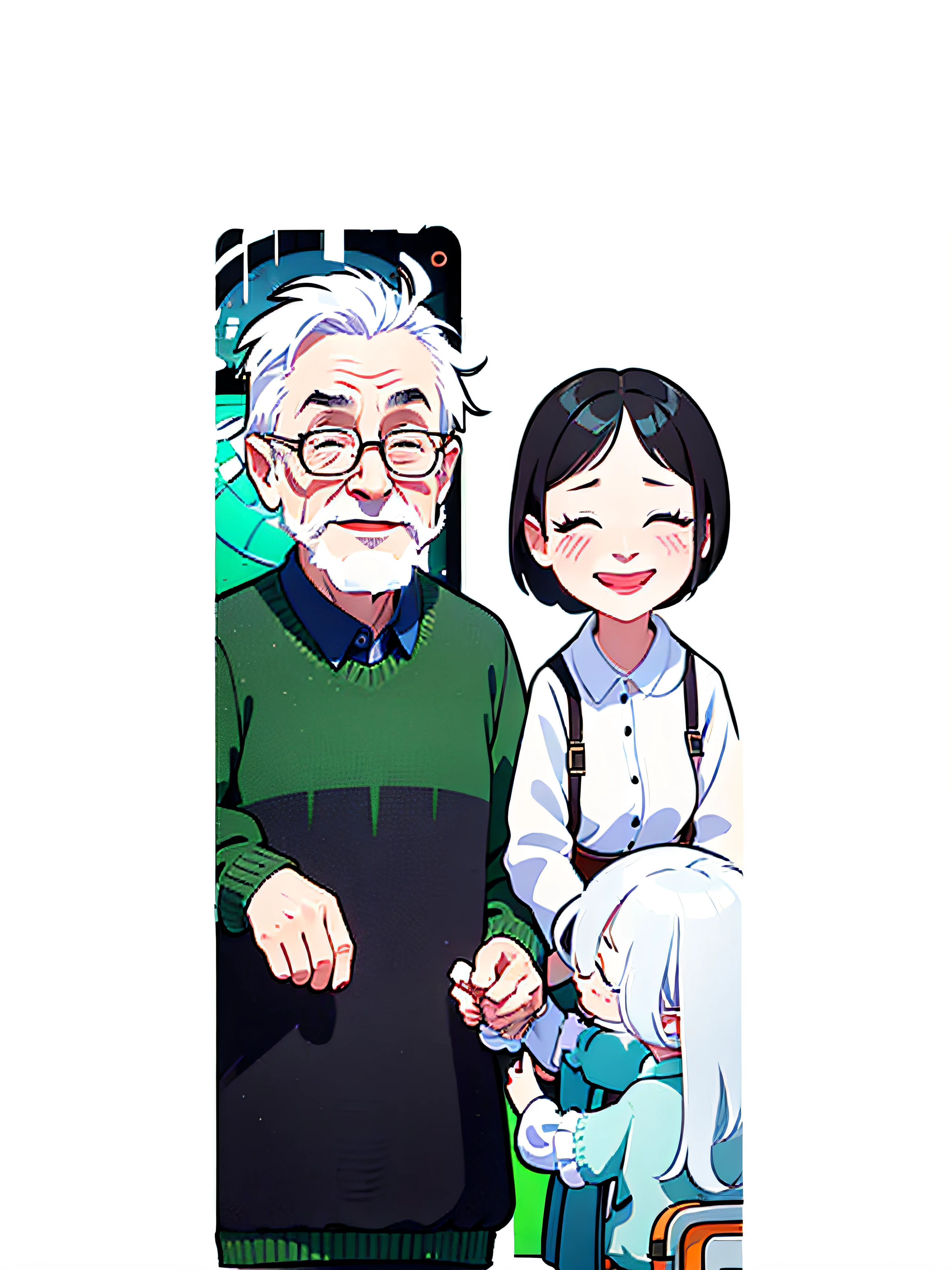 1 sticker, handbook, (sticker, 2 old couples, one old man, one old woman with black hair, man with white hair, a strong expression, Sample the facial expression from the image, old man have no beard, old man smiling, old woman grinning with mouth closed, old man have green sweater with orange linings, old woman have a simple yet fashinoable white shirt, watercolor, white background, simple background, minimal, cute, tiny, pastel color, vector style, no gradient, handsome, ultra high quality、blue archive emoji style, detailed, cartoon, simple features, ultra high quality, vector, strong contours, sticker, simple background, white background, old man white hair is toward the backl not covering the forehead