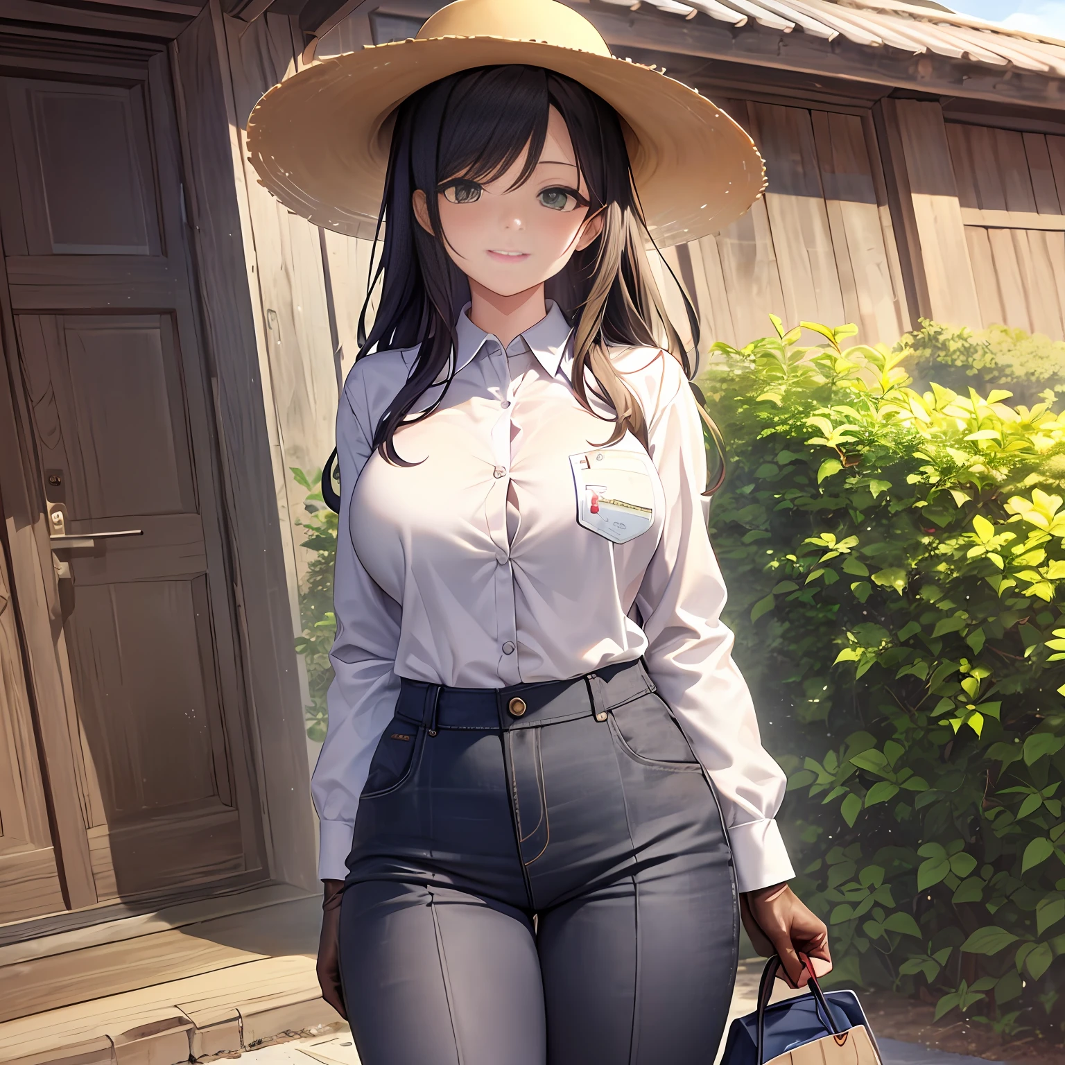 masutepiece, Best quality, (4K), 1girl in, Young Girl, Solo Focus, Average Height, slim build, (light green work clothes:1.5), Long pants, deep black hair, cropped short, Dark brown eyes, glowing with determination, Tanned skin, strong hands, practical clothing, caveralls, designed for agricultural work, sturdy trousers underneath, clothing for protection from elements, little skin exposure, clothing with earthy colors, rural life, naturally wavy hair, innocent large green eyes, gloves when working, Dainty fingertips, work clothes made from local materials, dyed with plants, a straw fedora hat, worn leather boots, Beautiful Face, Innocent smile, reflects gentle nature, height about 150 centimeters, {Detailed clothing}, {Detailed body}, {Correct ????????????},NSFW