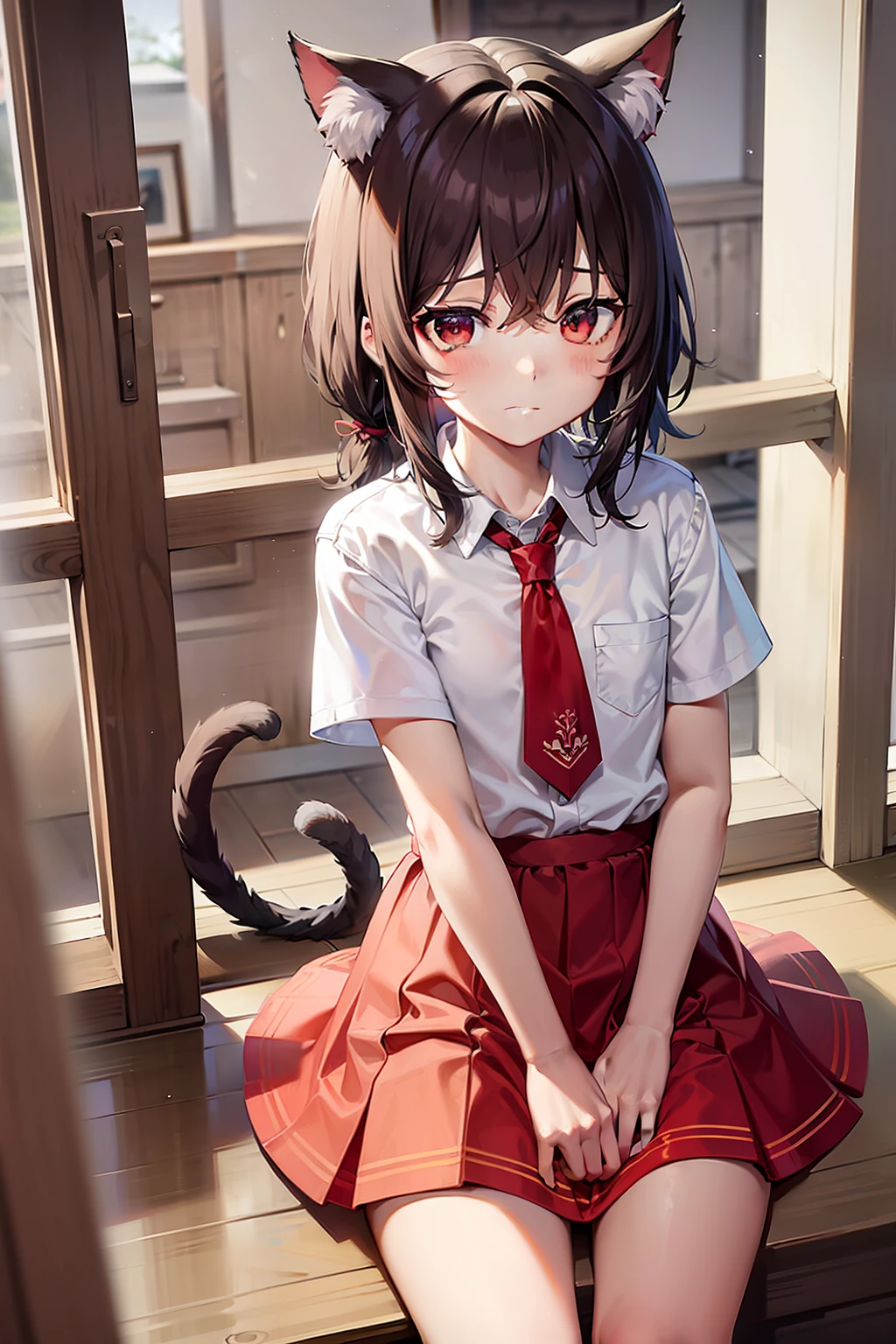 white-haire，Cat ears，red eyes，8 year old，Lori，lovly，Red Tie，Short white skirt，inside room，Bedrooms，short，Sad eyes，Holding chocolate