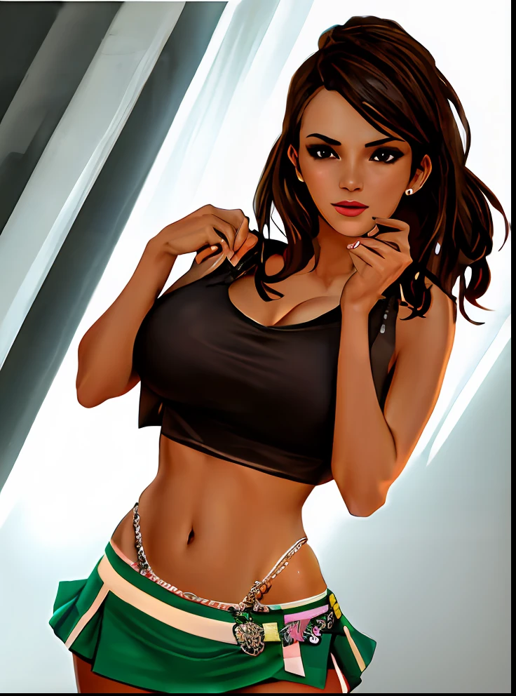 beautiful brunette girl, dancing in a nightclub, wearing a crop top and a mini skirt, beautiful face, athletic figure, big breasts, model face, realistik photomodel, gta V style