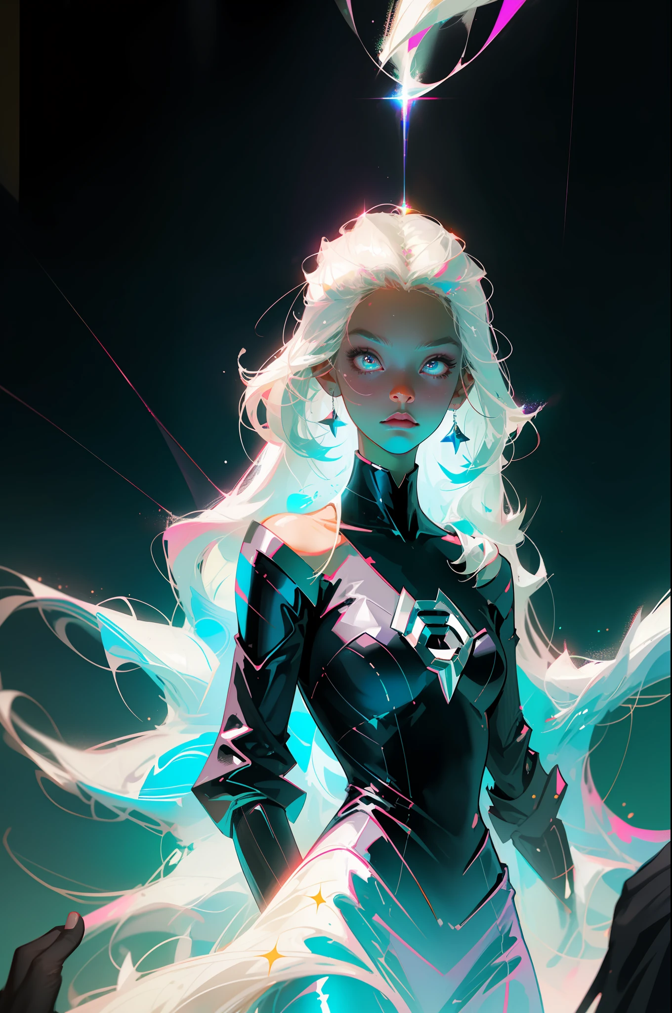 Masterpiece, best quality, super high resolution, fluorescent color, 1 ororo storm, looking at the audience, beautiful face, beautiful eyes, (off-the-shoulder: 1.2), head up, upper body, wearing x-man uniform, forest, shiny hair, shiny skin, shiny cut, finger scale coordination, starlight black dress, particles