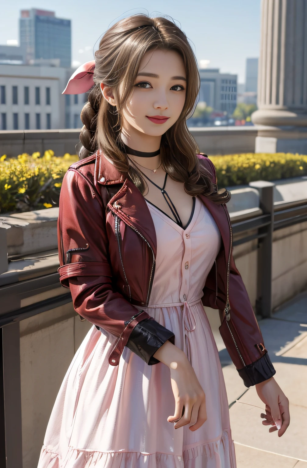 masutepiece, Best quality, large resolution, CN, Ultra-detailed, large resolution, Very detailed CG Unity 8K Wallpapers, Perfect Artwork, Perfect female figure, 1girl in, aerith gainsborough, Choker, Cropped jacket, Hair Bow, Bracelet, Pink dress, Looking at Viewer, lightsmile, Western cityscape