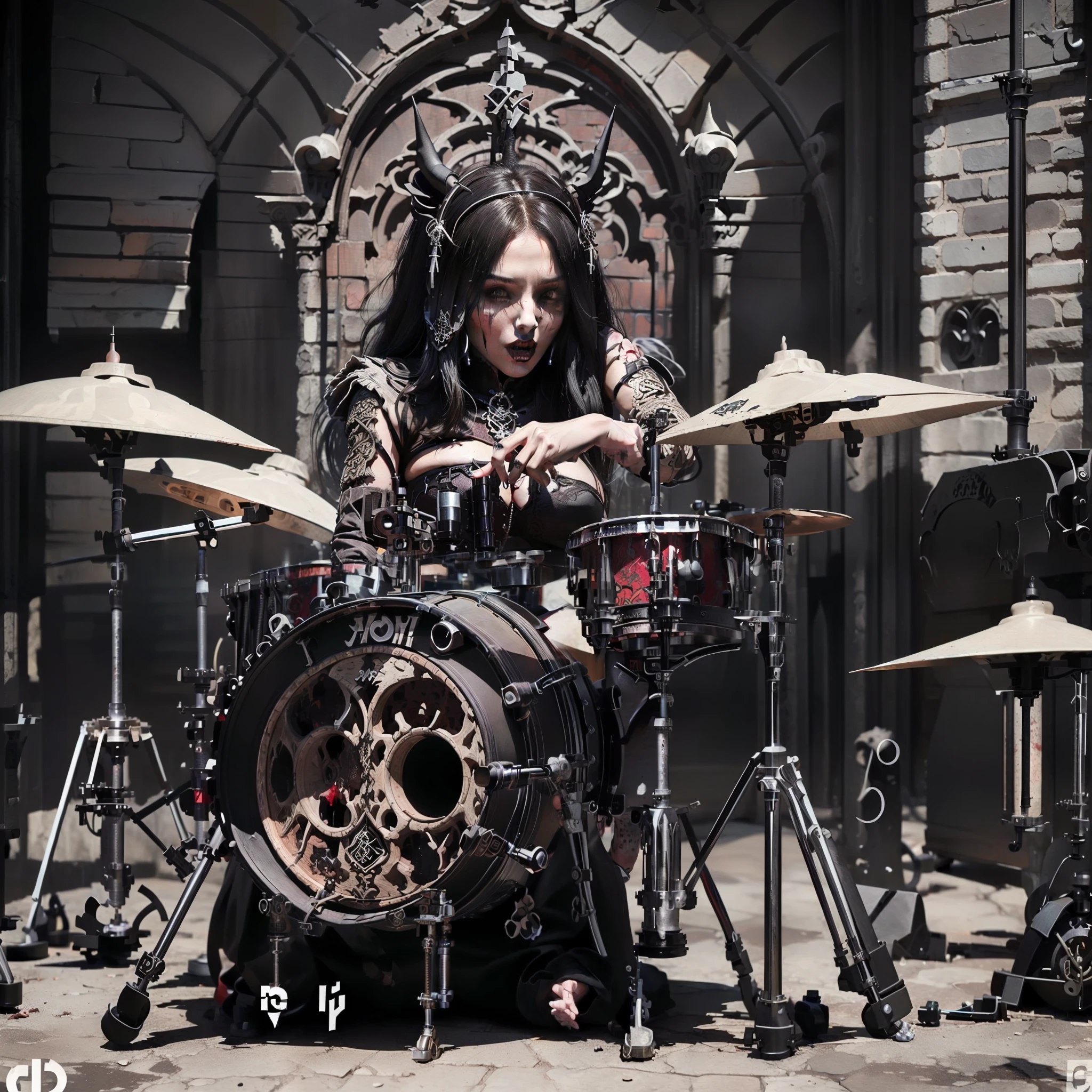 masterpiece, bset quality, realistic, 1girl, long hair, drummer girl, gothic metal, satanic, full with blood, drum blood, gothic metal girl playing a drum, musical, metal, erotic pose, erotic drum play, joey jordison female version, female joey jordison, gothic ornament