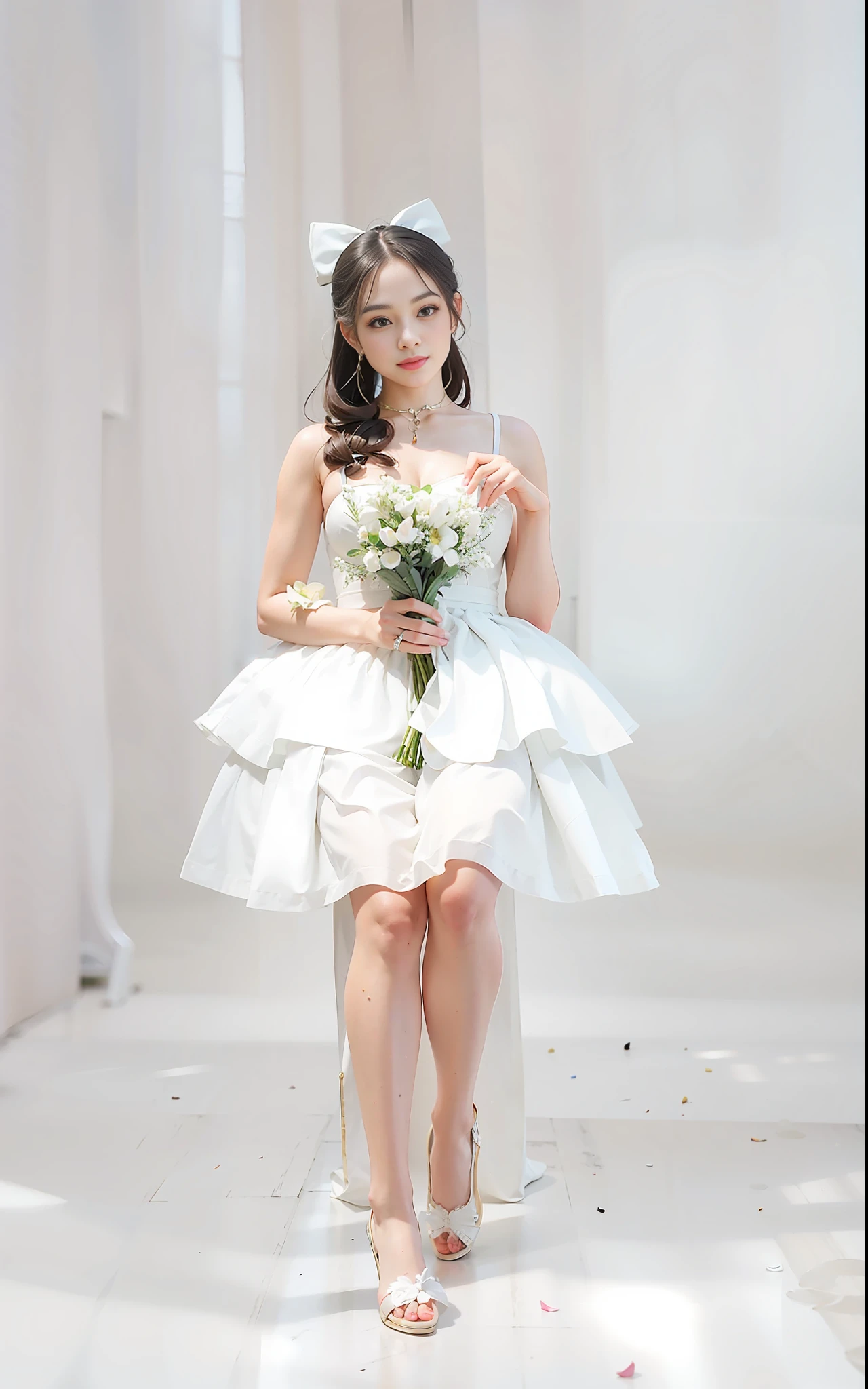 there is a woman sitting on a chair holding a bouquet, wearing organize gown, white gown, full body cute young lady, white puffy outfit, white dress, wearing along white dress, 165 cm tall, product introduction photo, a beautiful woman in white, wedding dress, sha xi, white background : 3