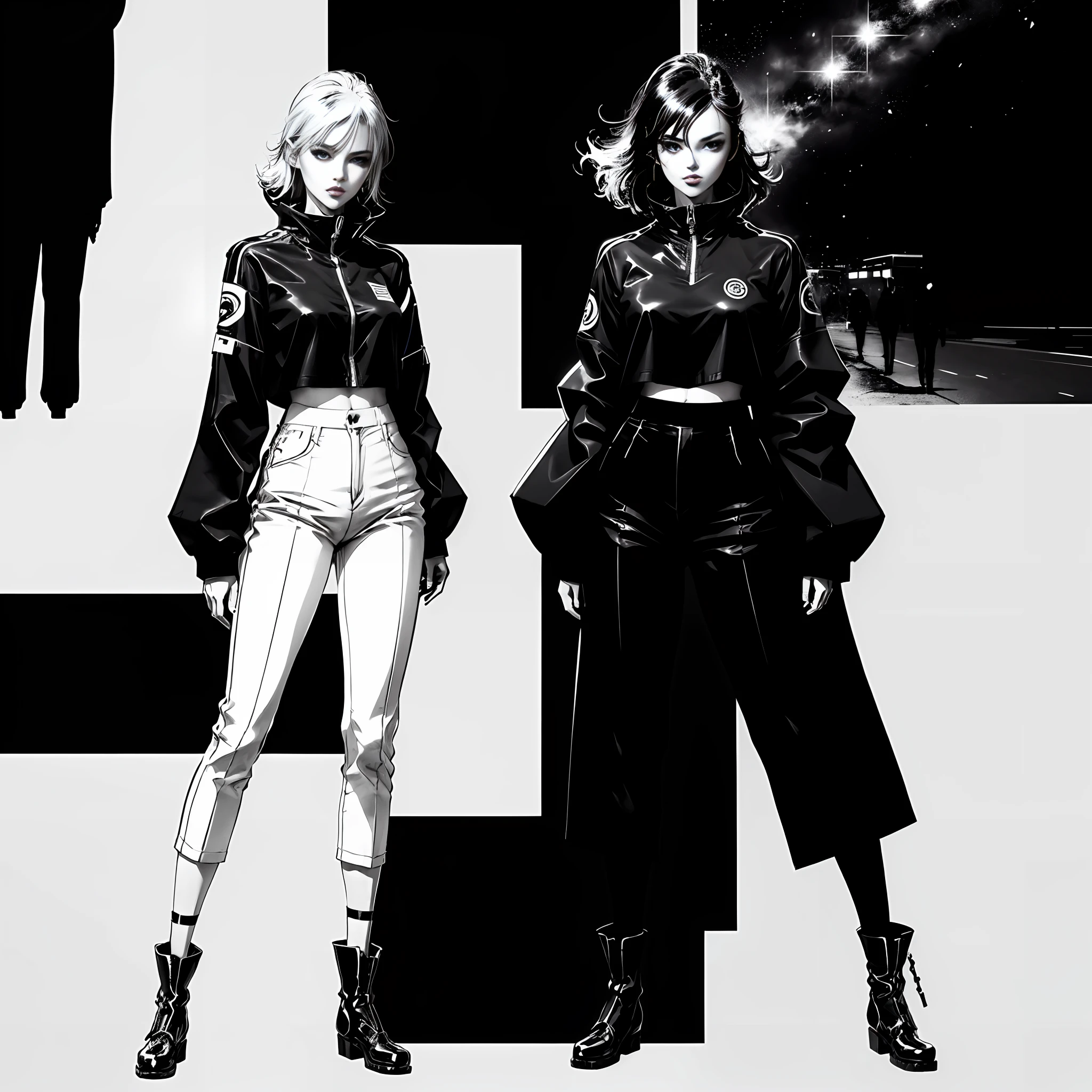 Masterpiece, Japanese retro black and white manga, master anime works, black and white art, line art, pen drawing art, a beautiful urban female model, full body white transparent clothes standing under empty night stars, disappearing transparent pants, full body standing posture, tall figure, slender legs, facial details, detailed body part details, 8k wallpaper