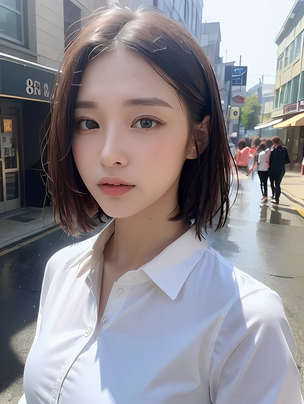 ((beste-Qualit、8K、masterpiece:1.3))、sharp:1.2、Perfect Body Beauty:1.4、(Wet White Button Long Shirt:1.1)、(rain、street:1.2)、wetty:1.5、Highly detailed facial and skin texture、detailed eye、双眼皮、Aspect of looking at the camera、short-hair