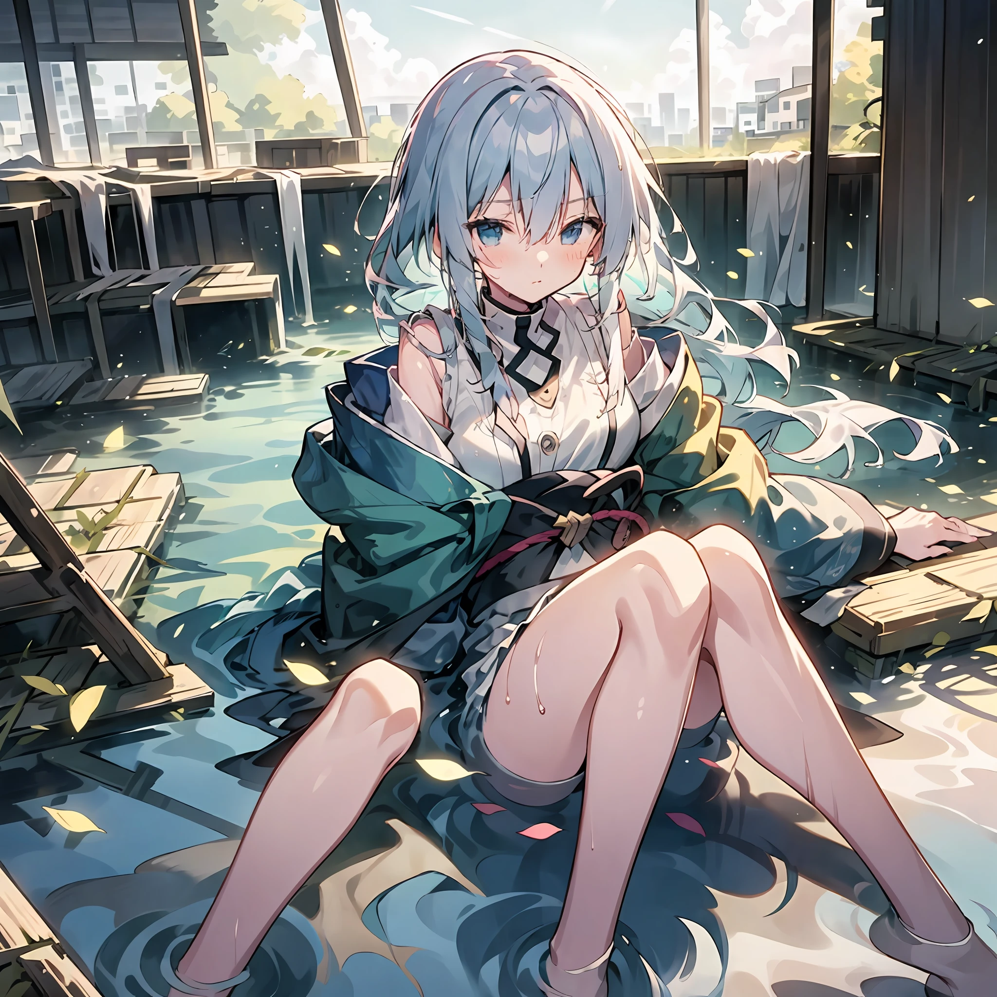 Ultra-high resolution, Japanese anime style, gray-haired girl, wet with water, translucent clothing, flowing waist-length hair, slender body, beautiful lines, picture ratio 19.5:9 The sun shines high Behind you is an abandoned city A little immersion in the water on your knees Aqua blue eyes