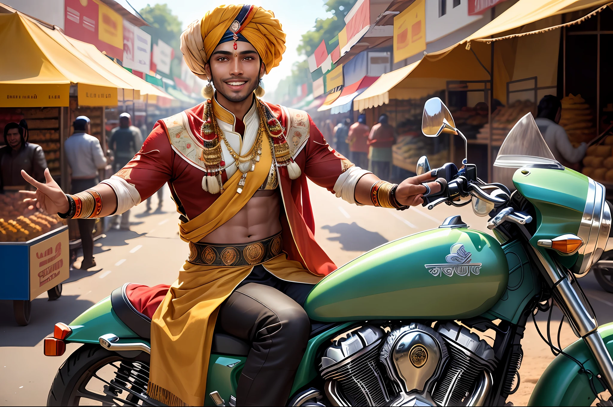 ((best quality)), ((masterpiece)), (detailed), 1boy, (Indian royalty dress:1.2), (riding a 1 motorcycle:1.2), (busy Indian market at daytime:1.2), (photorealistic:1.3), (dark skin:1.1), perfect face, ((smiling and excited)), (ultra wide shot:1.2), (unreal engine:1.1), (8k resolution:1.2)