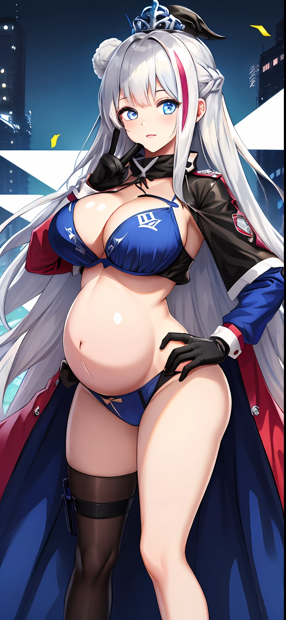 tmasterpiece, very best quality, PrinzV4, 1girl huge large breasts, 独奏, length hair, breastsout, looking looking at viewer, large tities,Large breasts, mitts, Belly button, Hold, White liquid, Yellow eyes, White hair, red hair, O cabelo multicolorido, Open your clothes, Black gloves, Open bra, Official alternative costumes, Striped hair, hand on hips, underboobs, Banner, White panties, Queen of the game, Hold the flag,pregnant women with,shot on the body,cum on the stomach,The white liquid is drizzled all over the body,Shoot all over the body