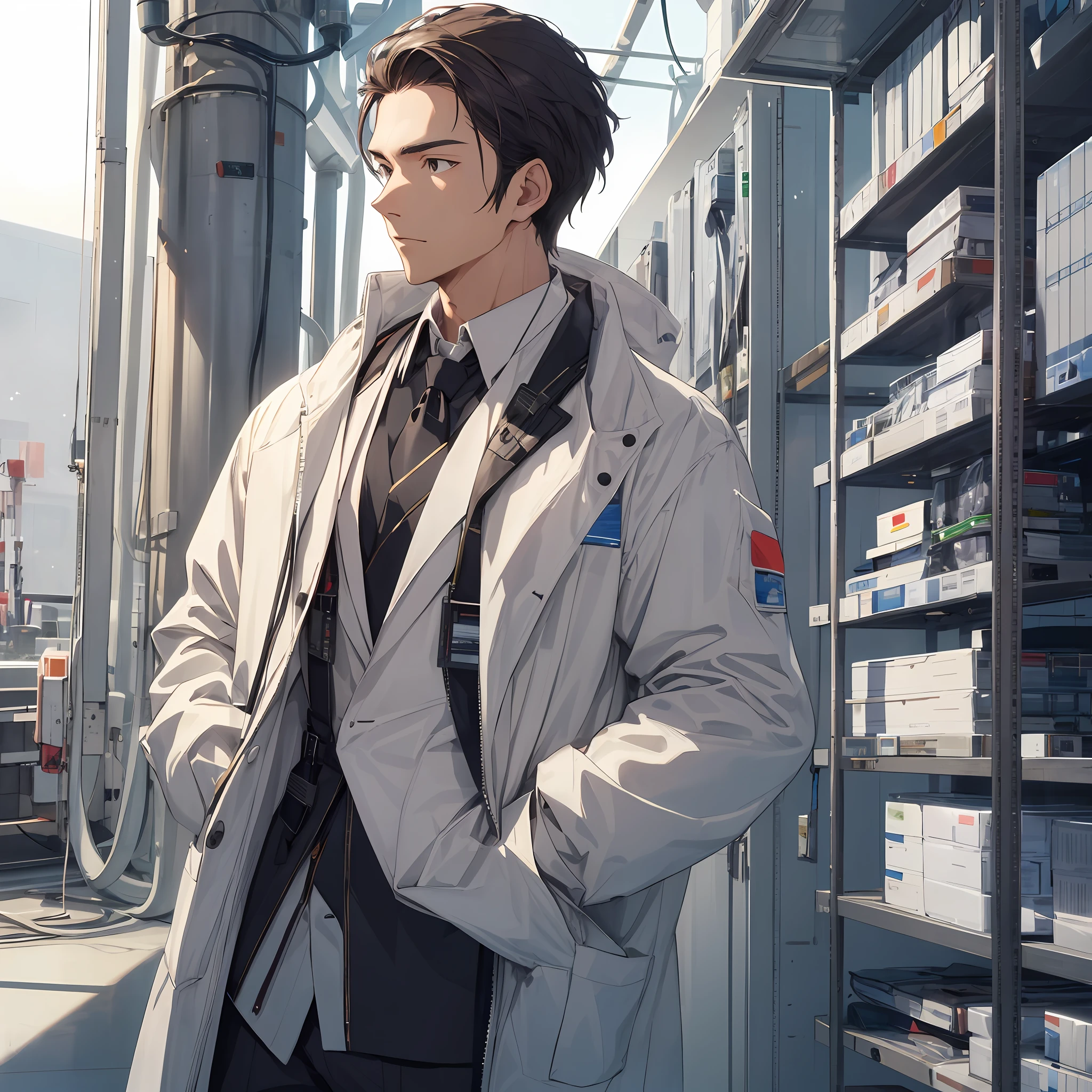 A handsome man,Flat expression,Wide jacket,Short Hair Hair,The background is a research institute full of science and technology