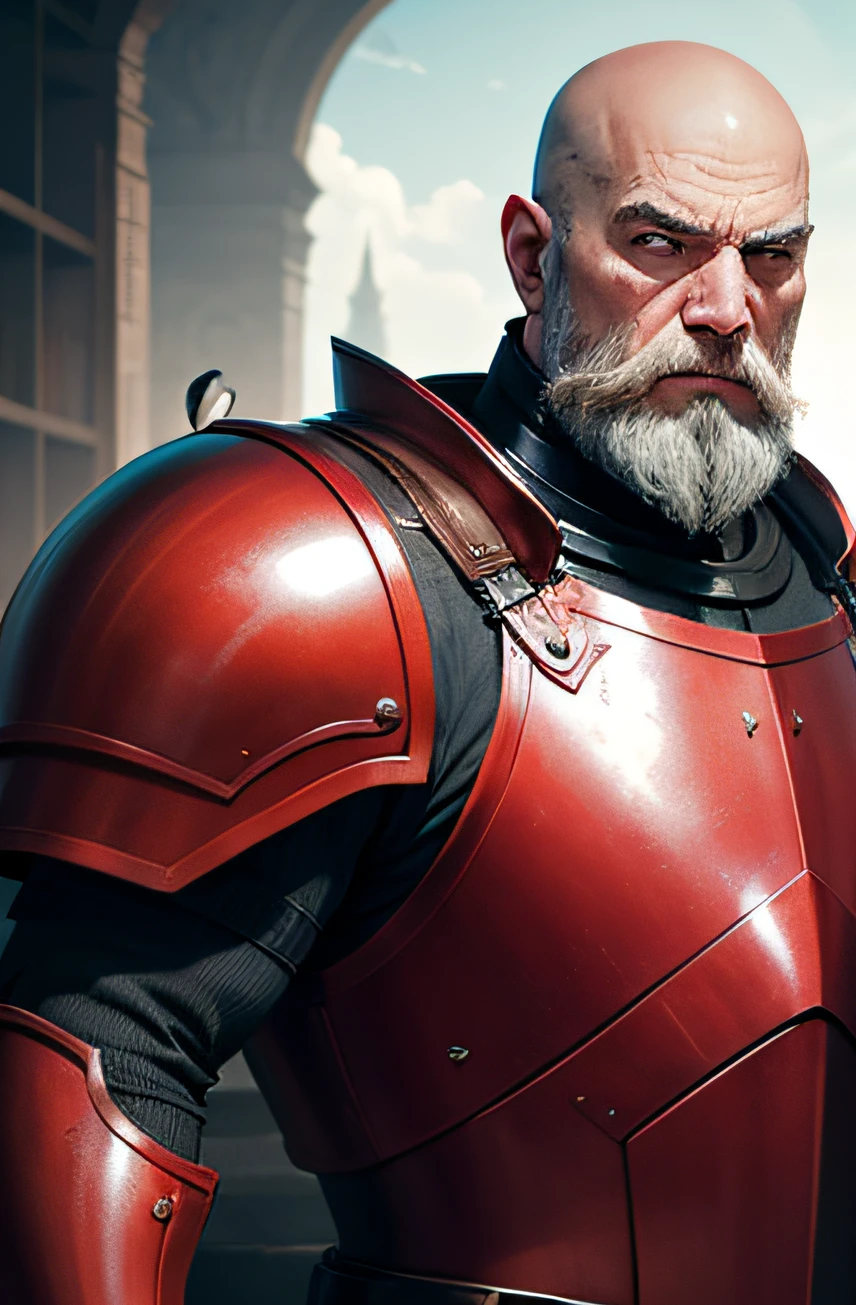 A bald old man with a beard wearing red armour