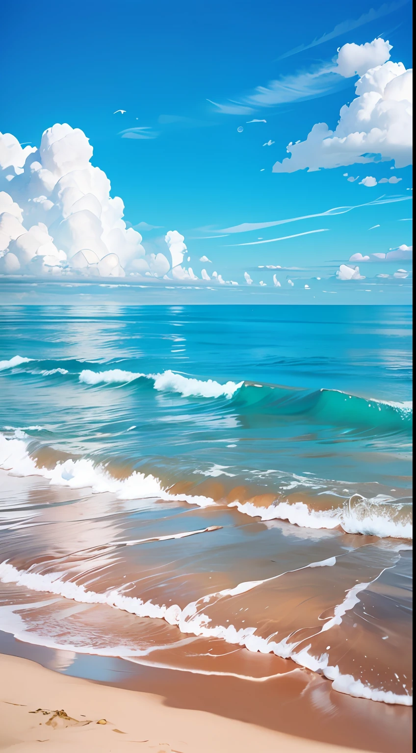 Painting of a beach scene with a blue sky and white clouds - SeaArt AI