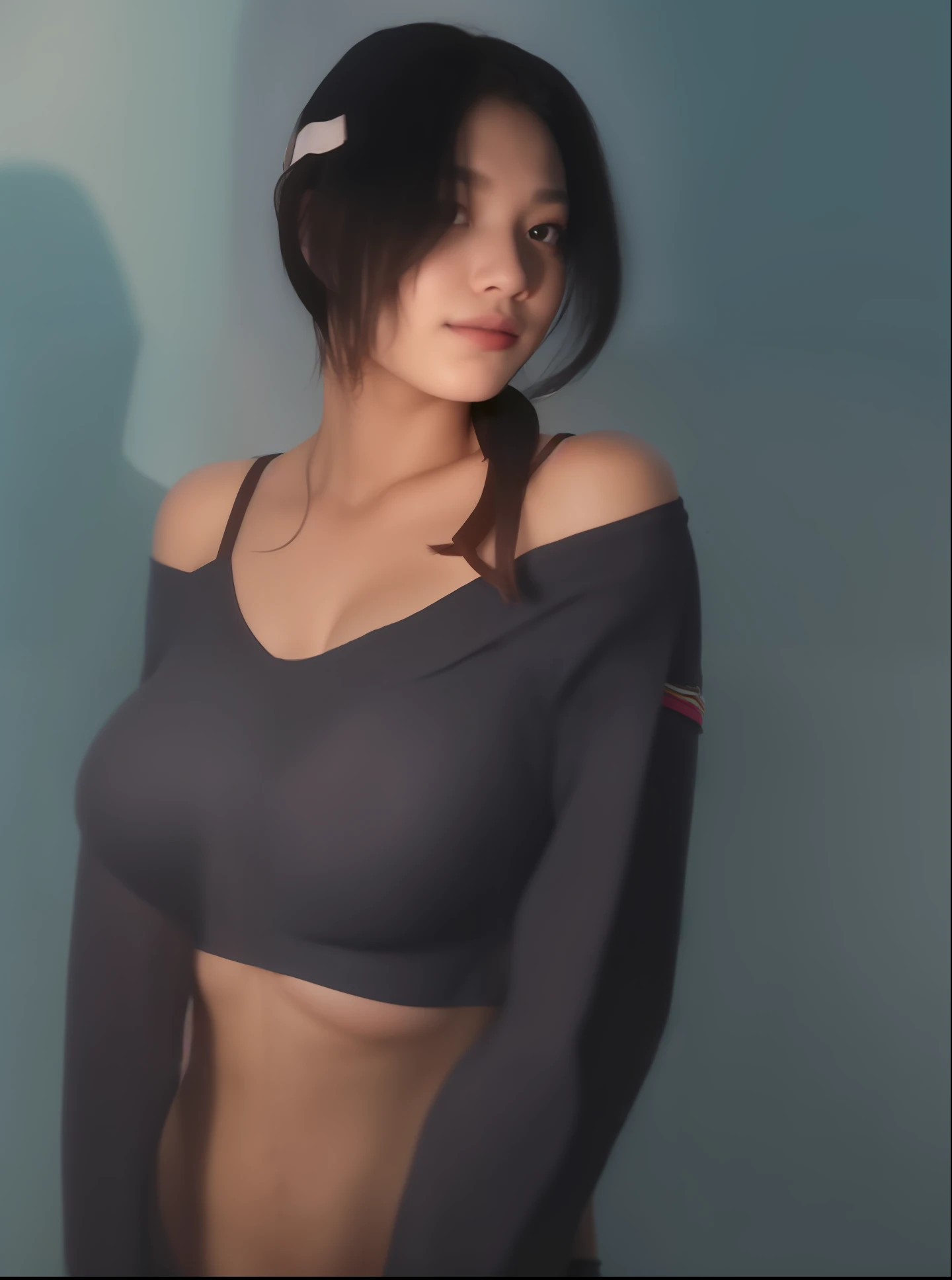 Bra, no shirt, big breast , ponytail hair