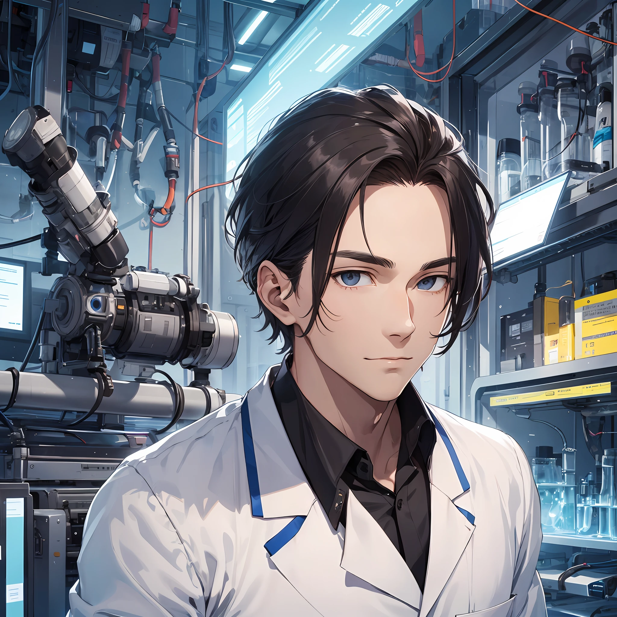 A handsome man，A dark-haired，Clear facial features，Scientists dressed up，The background is a research institute full of science and technology