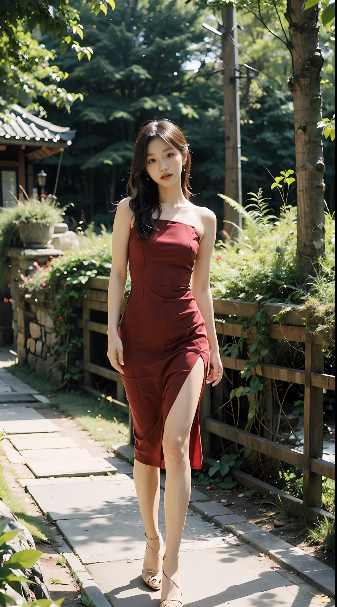 （8K，best quailty，tmasterpiece：1.2），（Photoreality：1.4），（RAW photos）,The details are complex，Arapei Asian woman poses for photo in red tight dress and high heels, stylish dress，Sexy dress, tight attire，Sheer dress, korean women's fashion model, Woman in dress, Korean girls, skinny waist and thick hips, wearing dresses, stylish dress, Korean woman, Translucent dress,Wearing brown stockings，Brown 40d pantyhose，Balenciaga stockings，elegant glamor pose, photo of slim girl model, standing elegant pose, fashion model photography, Beautiful model girl, cute elegant pose, Beautiful girl model, very beautiful slim legs, Long thin legs, woman model, very beautiful long slim legs, height of 165cm，On a small bridge in the forest park，There are streams，There are trees