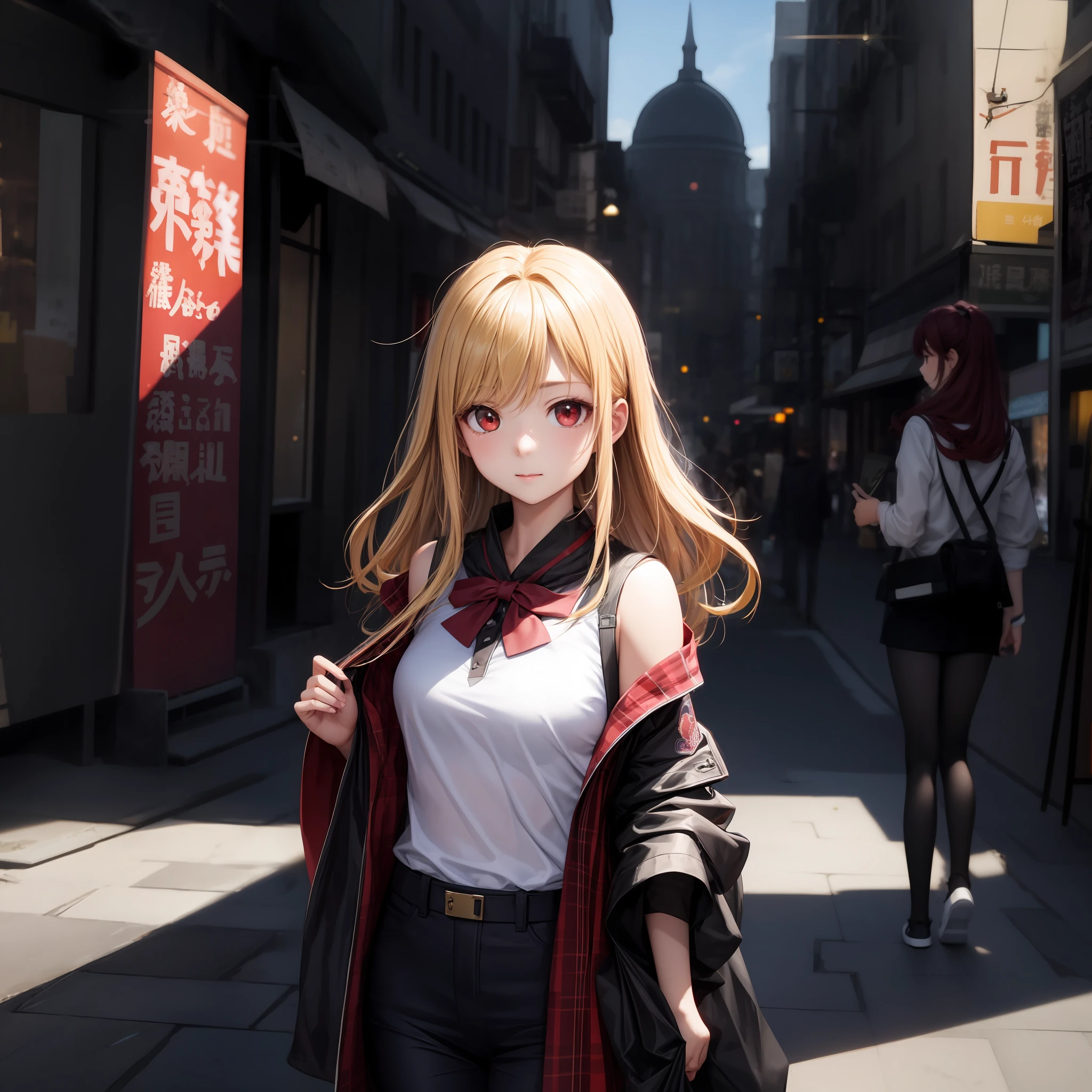 animated cartoon、One beautiful blonde girl、red eyes、独奏、