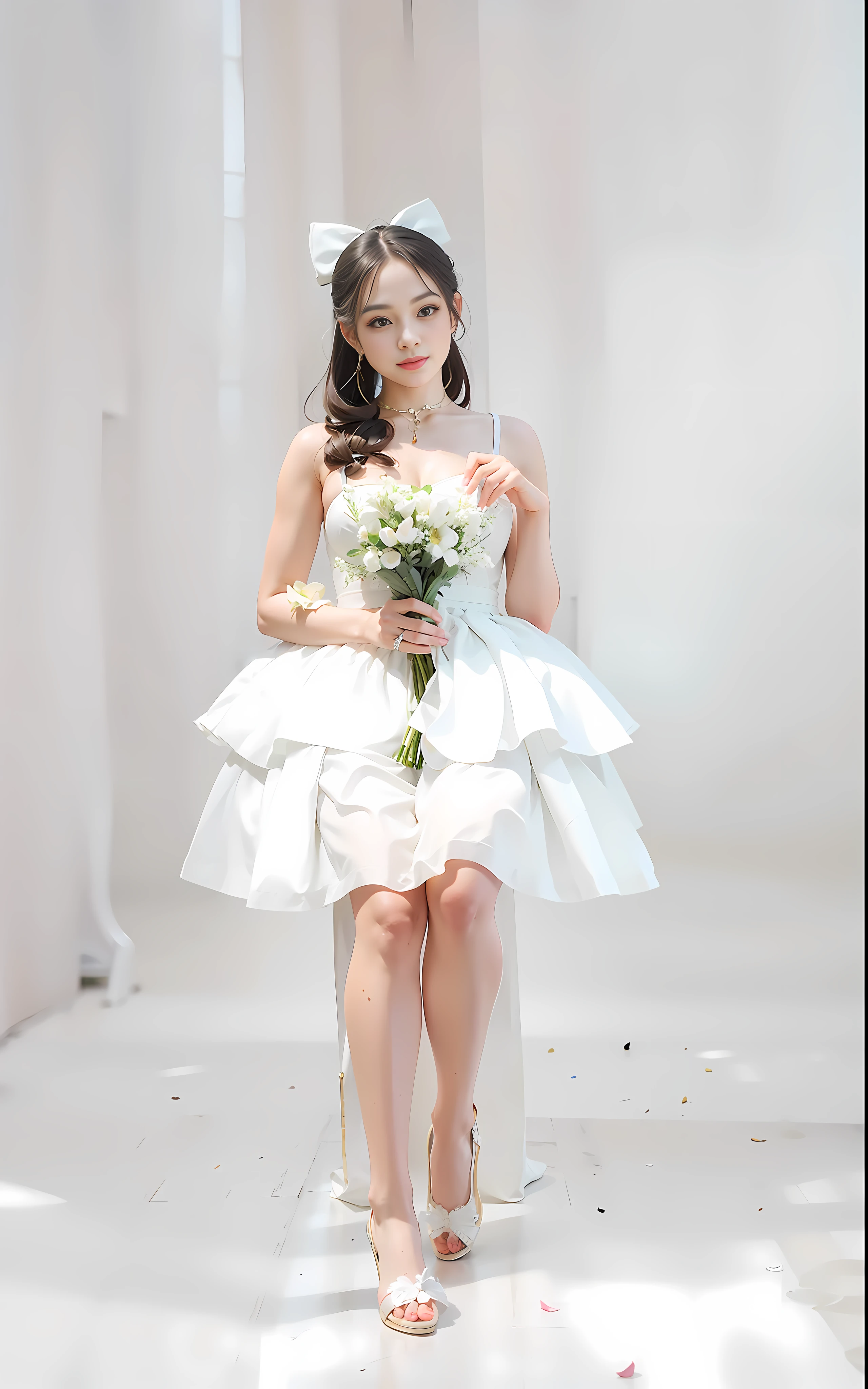 there is a woman sitting on a chair holding a bouquet, wearing organize gown, white gown, full body cute young lady, white puffy outfit, white dress, wearing along white dress, 165 cm tall, product introduction photo, a beautiful woman in white, wedding dress, sha xi, white background : 3