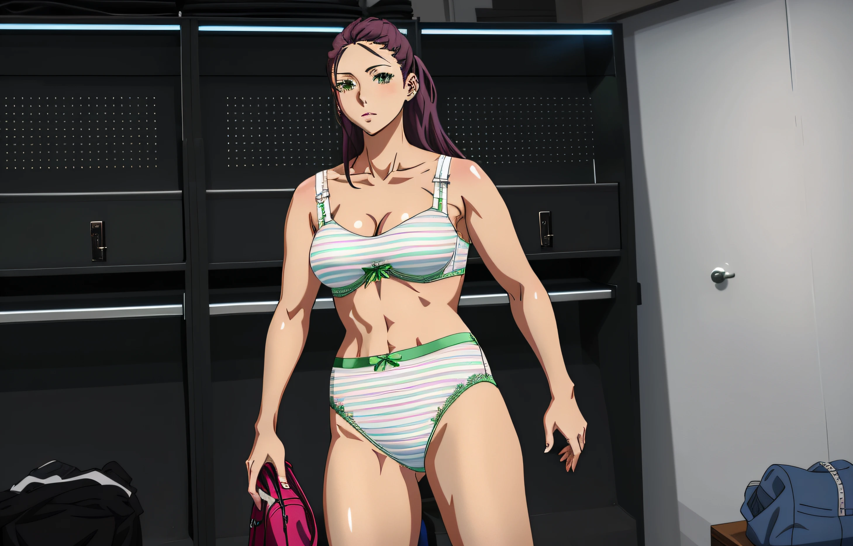 Fit Caucasian woman, in green pink and white striped bra, green pink and white striped high cut panties, in locker room, anime art style, intricate details