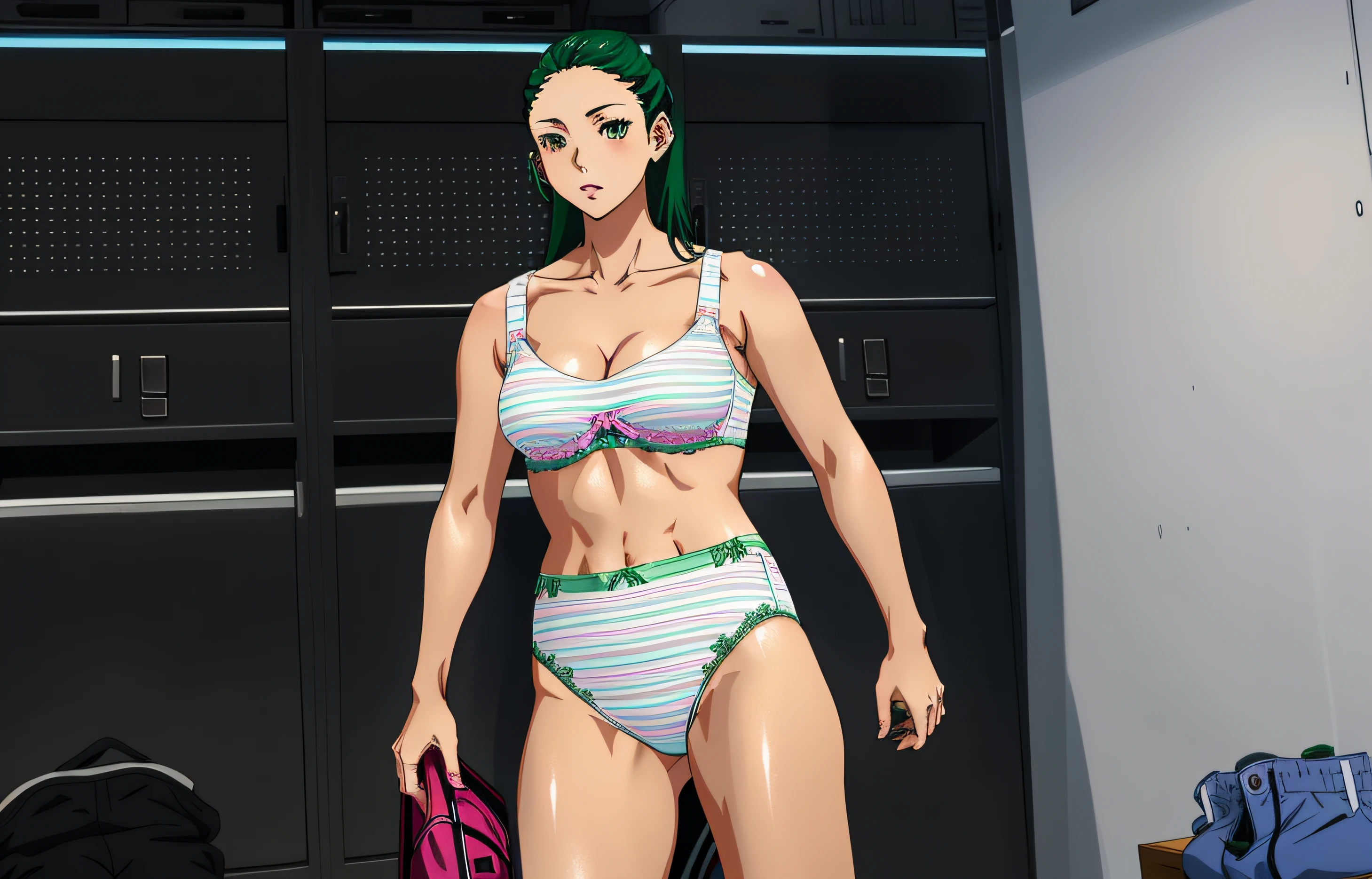 Fit Caucasian woman, in green pink and white striped bra, green pink and white striped high cut panties, in locker room, anime art style, intricate details