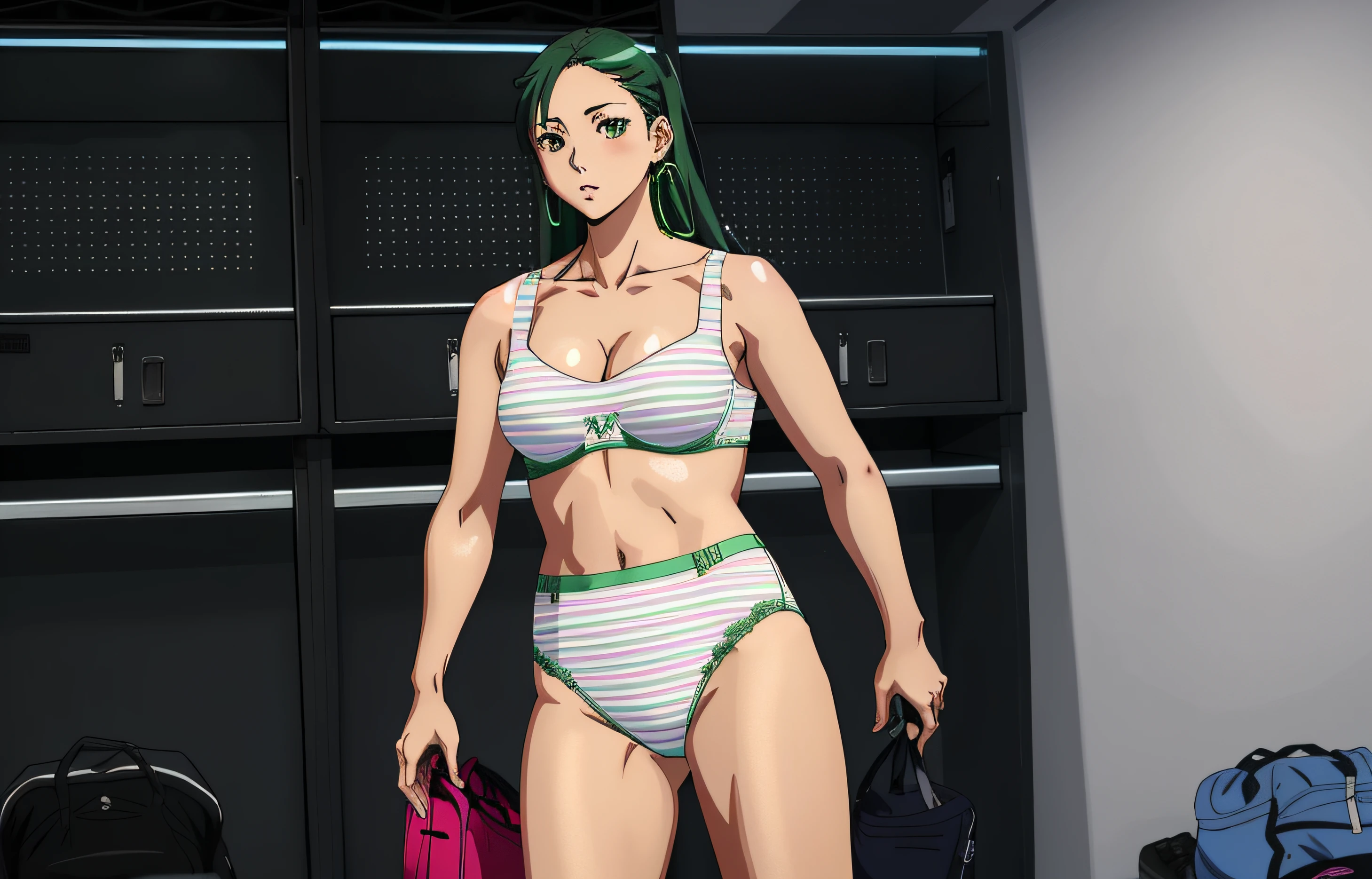 Fit Caucasian woman, in green pink and white striped bra, green pink and white striped high cut panties, in locker room, anime art style, intricate details