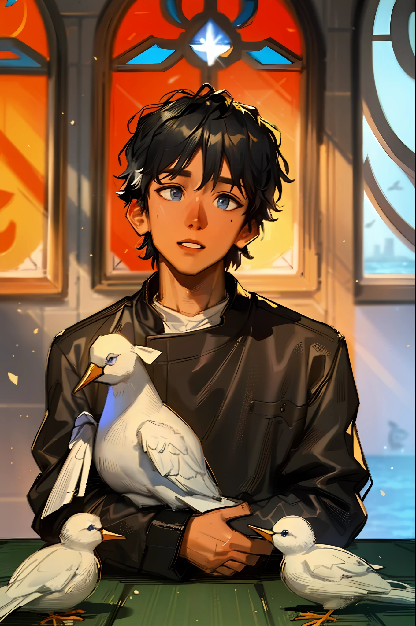 White-skinned boy，Dark blue church costume，White lining，In front of the glass stained window，white color hair，Blue eyes like the ocean，sun beam，White bird stopping at the table，Scriptures scattered on the ground