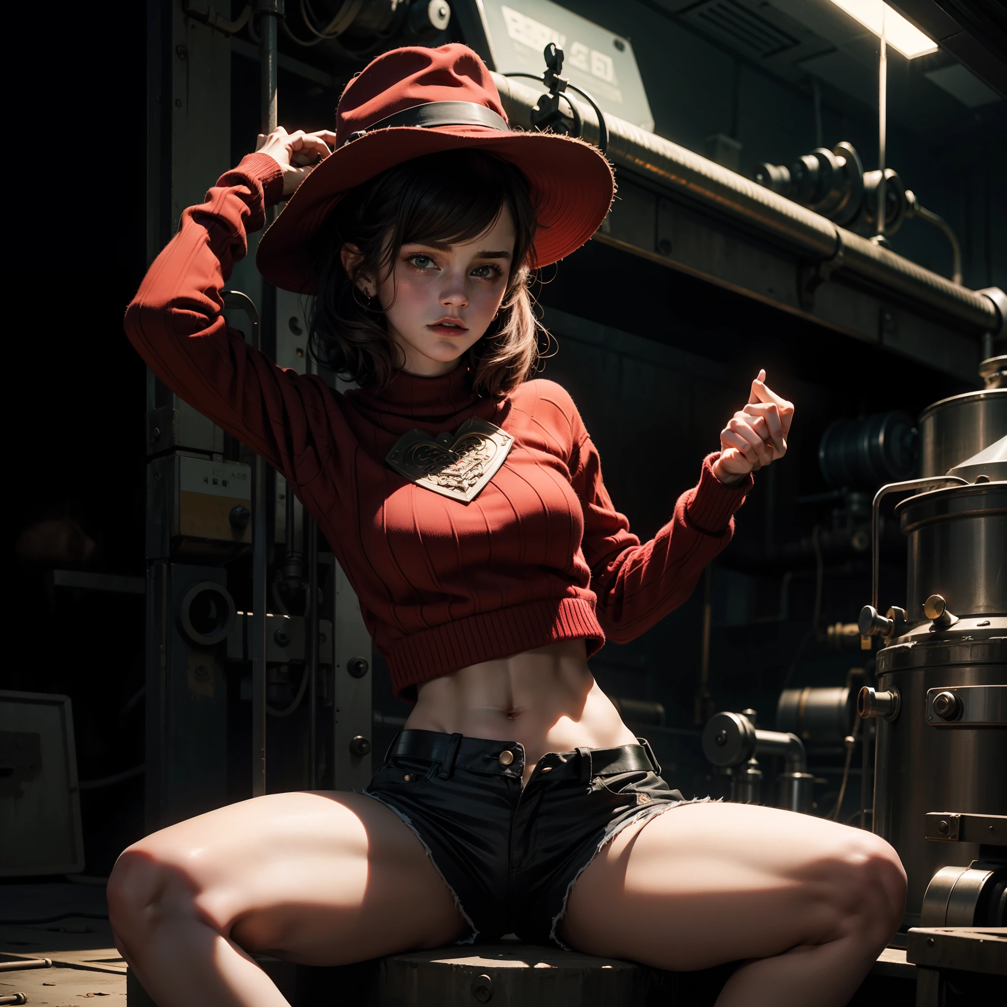 emma watson as a sexy female version of Freddy Krueger sitting on a fence. tight intricate crop sweater with red and green stripes. brown shorts. slender body. inside dark metal factory. dark background, furnace. black fedora hat. glove with blades on the fingers. arms raised. horror mood.