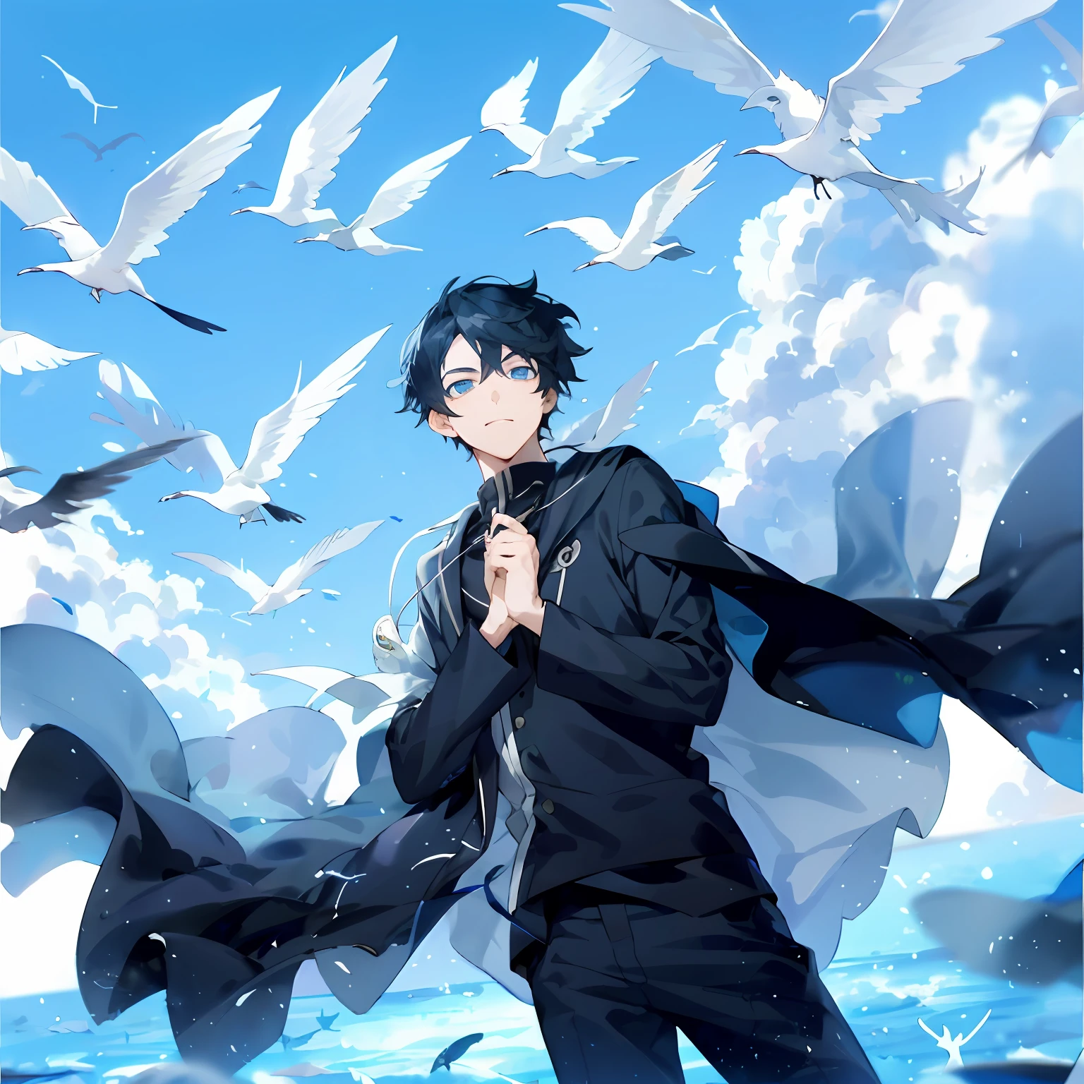 anime boy with black hair and blue eyes standing in front of a flock of birds, Handsome anime pose, inspirado em Okumura Masanobu, inspired by Okumura Togyu, anime wallaper, Male anime style, 4k manga wallpapers, 4k anime wallpaper, Anime art wallpaper 8 K, flying anime esper, Tall anime guy with blue eyes
