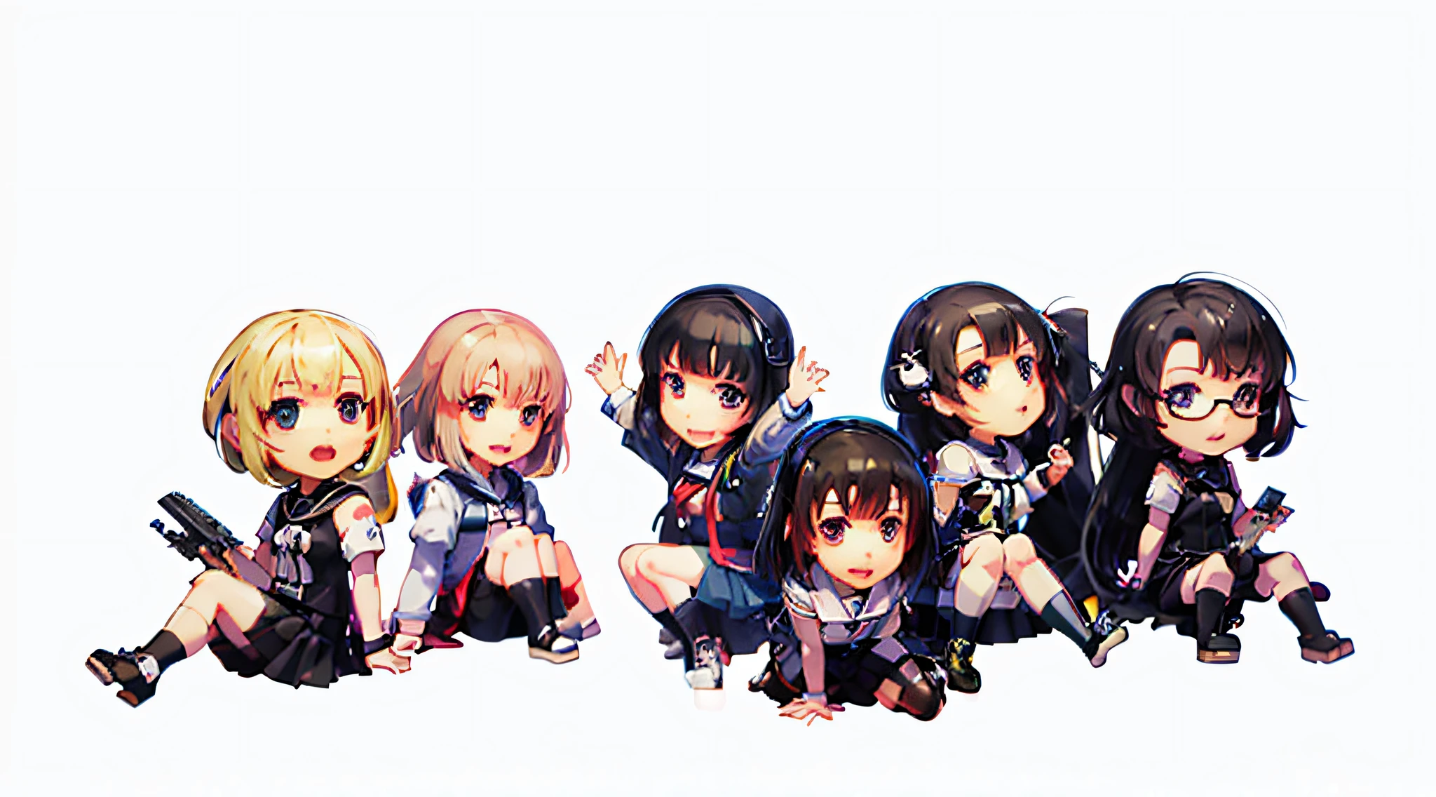 arafed image of a group of anime girls sitting on a black background, style of anime4 K, Anime style. 8K, Guviz-style artwork, chibi anime, cute artistic style, chibiStyle, anime chibi, Anime girls, cute artwork, Kantai collection style, girls frontline style, kawacy, 4k manga wallpapers --auto