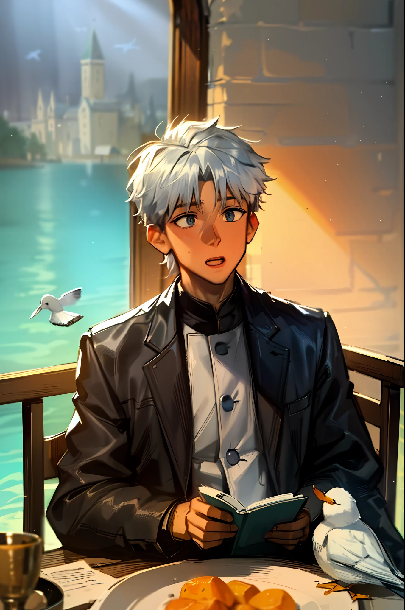 White-skinned boy,Dark blue church costume,White lining,In front of the glass stained window,white color hair,Blue eyes like the ocean,sun beam,White bird stopping at the table,Scriptures scattered on the ground