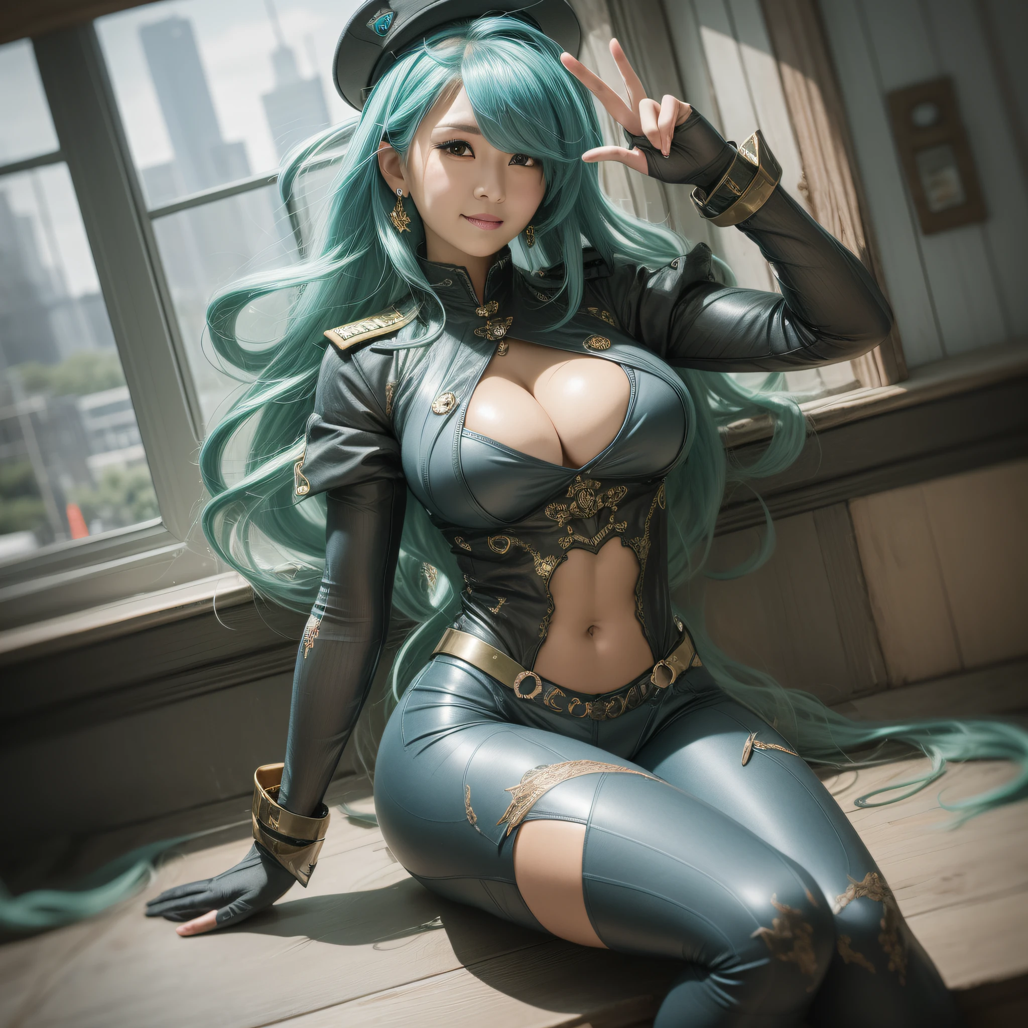 One woman in military uniform、Military Personnel、5finger、Very big breasts、Cleavage breasts、One lady、Long legs、Fitness Model、musculature、abdominals、Powerful Pose、Emerald blue hair、Height 175cm、poneyTail、skin tanned、A smile、Glowing clothes、full-body view、publicity cosplay、full-cosplay、taken with canon 5d mk4、cosplay foto