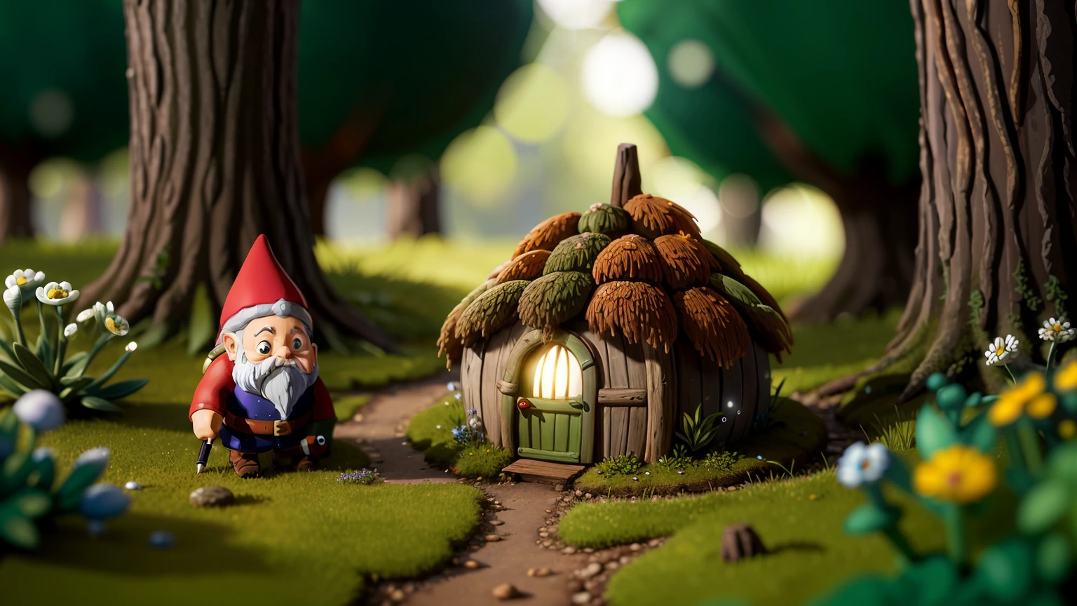 masterpiece, macro of a tiny gnome hut in a forest, dusk, dewdrops, high contrast, studio ghibli style, highly intricate, highly detailed, illustration, sunlight