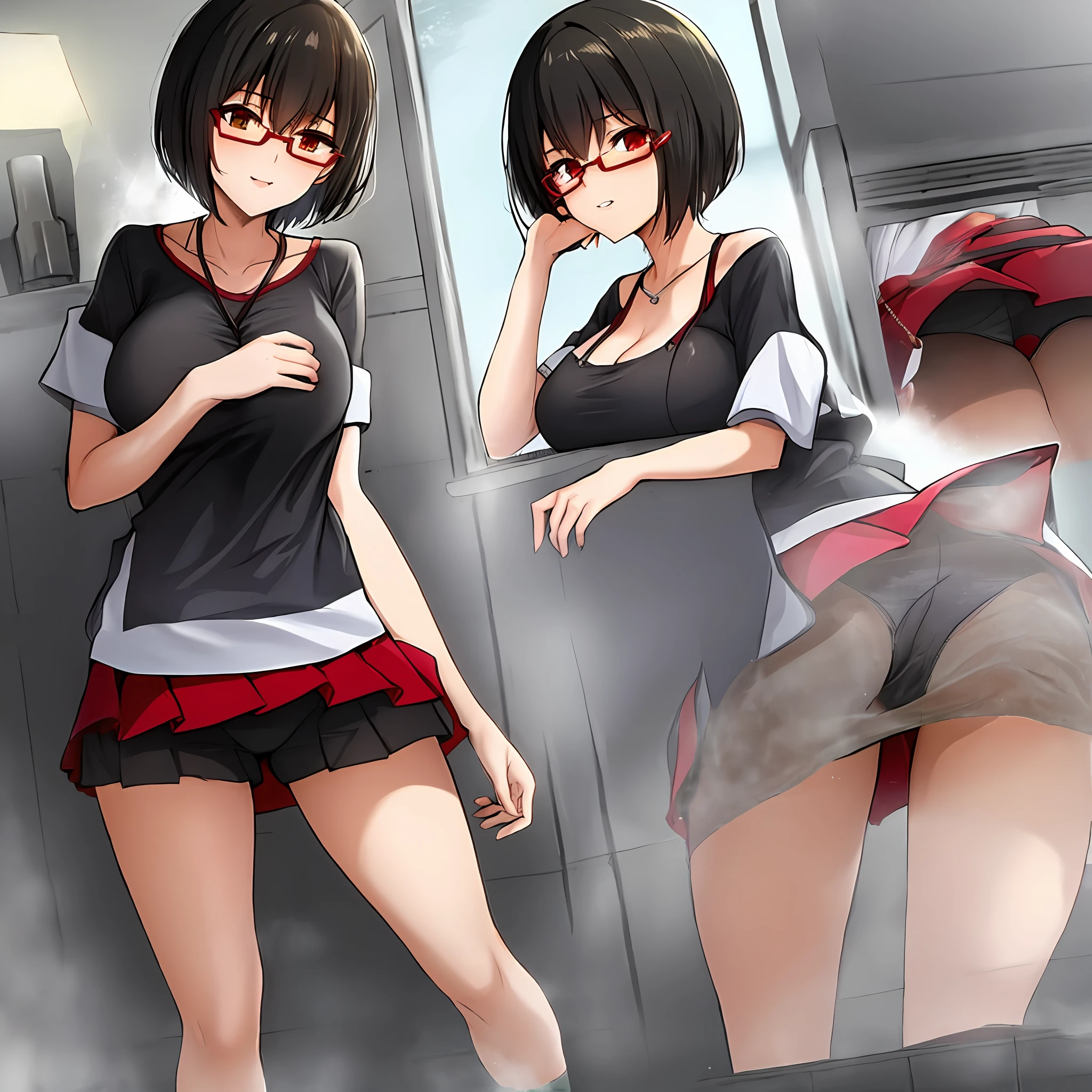 Woman,Bigchest,lingeries,short skirt,black-silk,seductiv,underpant,short haircut,eye glass,the Long legs,taking a bath,Cocked buttocks,Be red in the face,shy