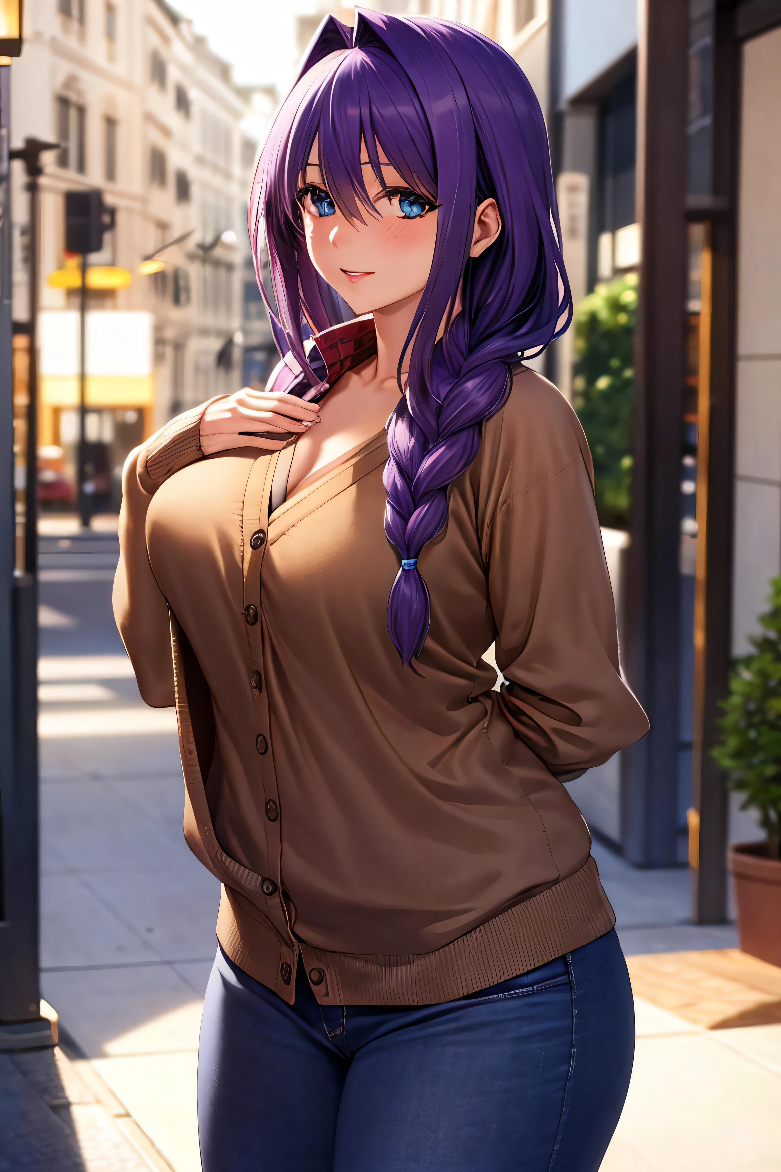 masterpiece, (best quality), 1woman,1girl ,akiko_minase, long hair, purple hair, blue eyes, braid, single braid, hair intakes, hair over shoulder, (mature female), skirt, sweater, cardigan, large breasts,,sexy woman, adult, blush vibrant colors ,,natural lighting ,RTX, hair between eyes , beautiful, (detailed face:1.2), showcase, (perfect eyes:1.1) ,(photorealistic:1.1), 8k uhd, looking at viewer, outdoors, simple backround