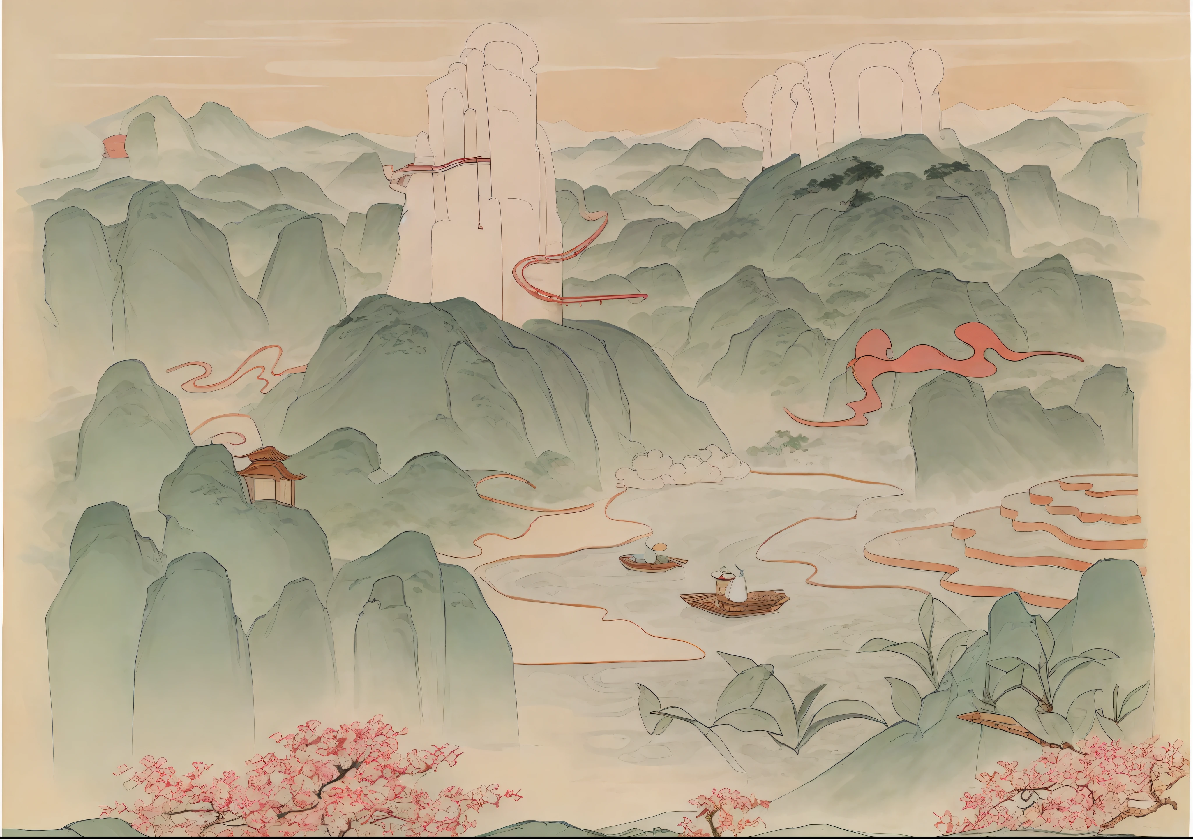 a drawing of a mountain with a house and a bird in it, 2d game lineart behance hd, 2d game lineart behance hd, coloring book page, clean lineart, colouring - in sheet, Chinese landscape, stylized linework, bold lineart, Coloring book outline, lineart behance hd, arte de fundo, clean coloring book page，baiyun，mountain ranges，rios，Teapot teacup，teals，bamboo raft，Ancient Chinese architecture，crisp edges