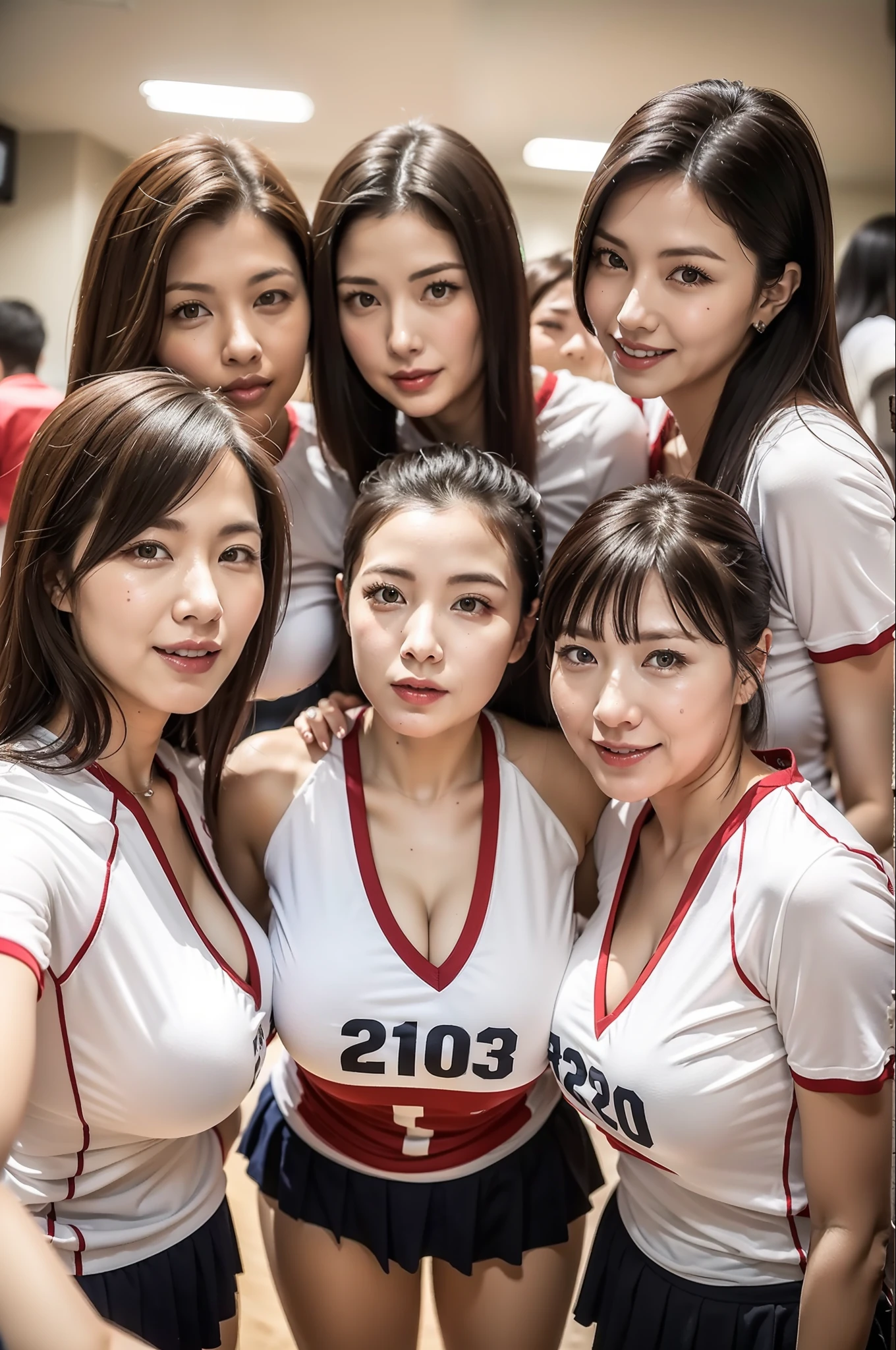 Top image quality、8K picture quality、32K image quality、too beautiful、a famous actress of Japan、Obscene big breasts、Chest circumference 100cm、Obscene mother、Obscene mom、Maternal and obscene body、sensual bodies、large resolution、pov、Tecateca skin with oil、Detailed skin、Look at viewers、pov、Obscene mommy friends gather in volleyball competition uniform(5 women)、Afterwards、The smell of a muffled female、Everyone is in estrus、Volleyball Court(Gymnasium)