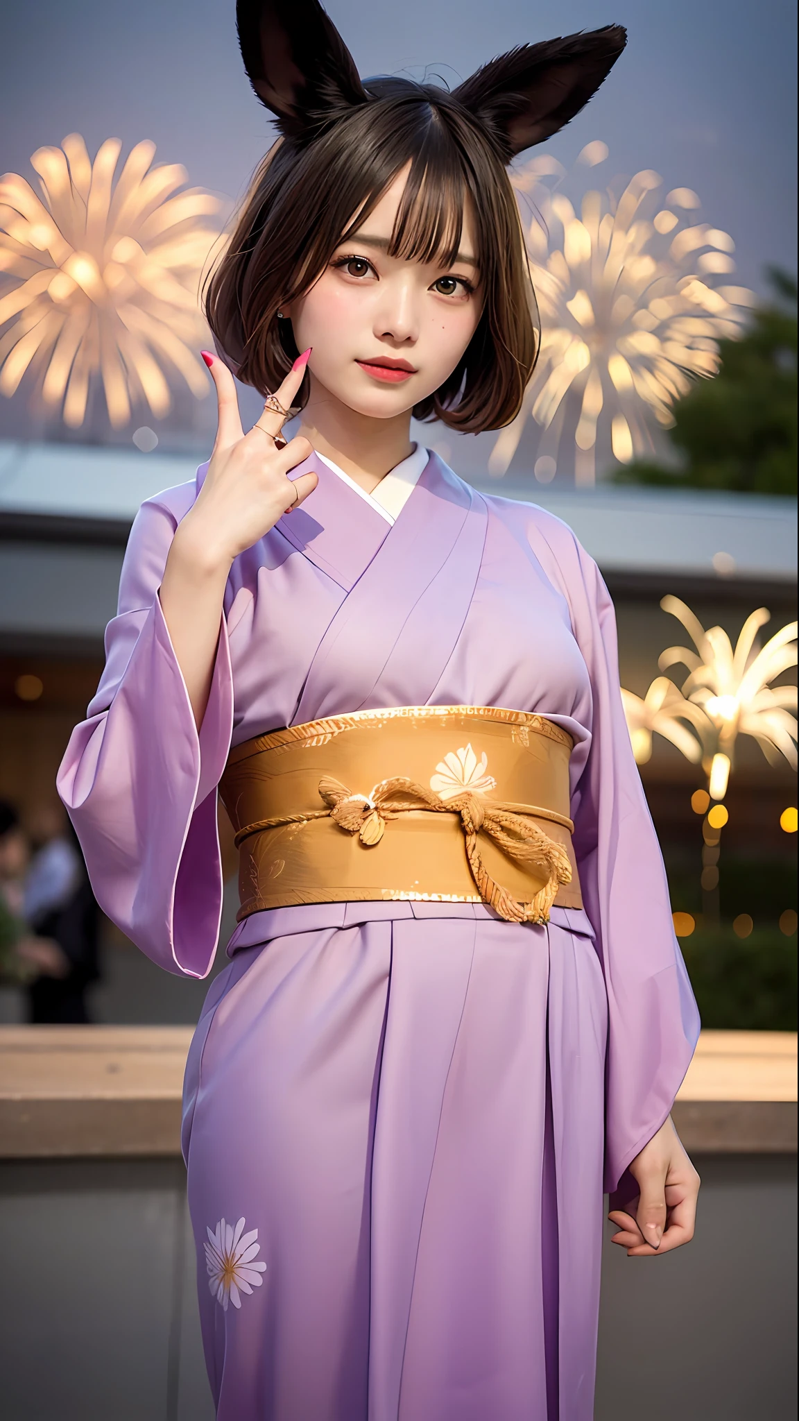 Pink hair、Pink rabbit ears、女の子1人、独奏、Wearing a yukata、Pink yukata with floral pattern、Fireworks Festival、Fireworks go off in the background、Fireworks go up in the night sky、masterpiece、beste-Qualit、realisitic、Hyper-detailing、(Glossy skin、be sweaty:1.4)、absurderes、Looking at the camera、short pink hair、Brown-eyed、Slender beauties、dynamic lighting、large resolution、foco nítido、depth of fields、Detailed eye、Sharp eyes、Realistic eyes、(thick defined thighs:1.0)、exteriors、natural、Fold your hands behind your back、Healthy five-finger、Correct anatomy、Correct number of fingers(Thumbs、forefinger、Middle Finger、ring finger、little finger)、5 fingers for 1 arm、Beautiful fingers、Beautiful nail shape、