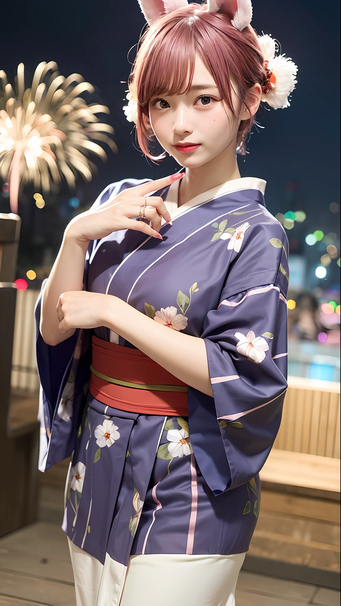 Pink hair、Pink rabbit ears、女の子1人、独奏、Wearing a yukata、Pink yukata with floral pattern、Fireworks Festival、Fireworks go off in the background、Fireworks go up in the night sky、masterpiece、beste-Qualit、realisitic、Hyper-detailing、(Glossy skin、be sweaty:1.4)、absurderes、Looking at the camera、short pink hair、Brown-eyed、Slender beauties、dynamic lighting、large resolution、foco nítido、depth of fields、Detailed eye、Sharp eyes、Realistic eyes、(thick defined thighs:1.0)、exteriors、natural、Fold your hands behind your back、Healthy five-finger、Correct anatomy、Correct number of fingers(Thumbs、forefinger、Middle Finger、ring finger、little finger)、5 fingers for 1 arm、Beautiful fingers、Beautiful nail shape、