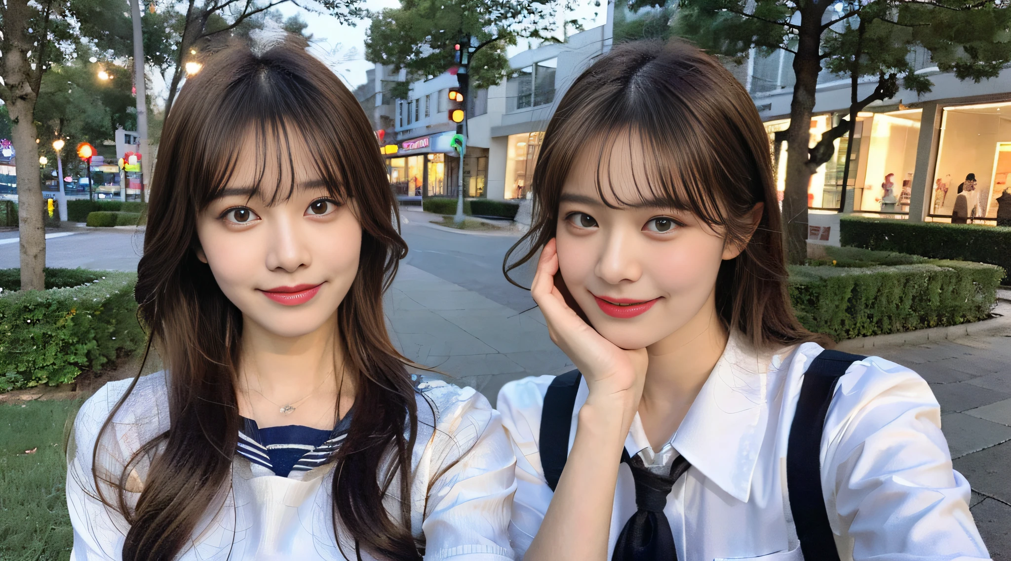 (8K,Raw photo、Raw photo、beste-Qualit、Master masterpiece:1.2)、An ultra-detailliert、Super Resolution、(a photorealistic:1.5)、high resolution RAW color photos、professional photograpy、(Very beautiful and detailed night tree-lined avenue 1:1.37)((A beautiful moonlit night))、fullmoon、Very detailed and beautiful、Ultra-high image quality、High school girl in sailor suit、(Puffy cheeks)Detailed uniforms、Each face has its own distinctive features、Different face patterns、Farbe々Hairstyle、Brown hair fluttering in the night breeze、Hair swaying and sexy、Very detailed beautiful girl、(Pink Eye Shadow)、Red tie、Puffing up face、Pouting、Puffy face、He looks at me with his face puffed up.、Burikko、Buriko Pose