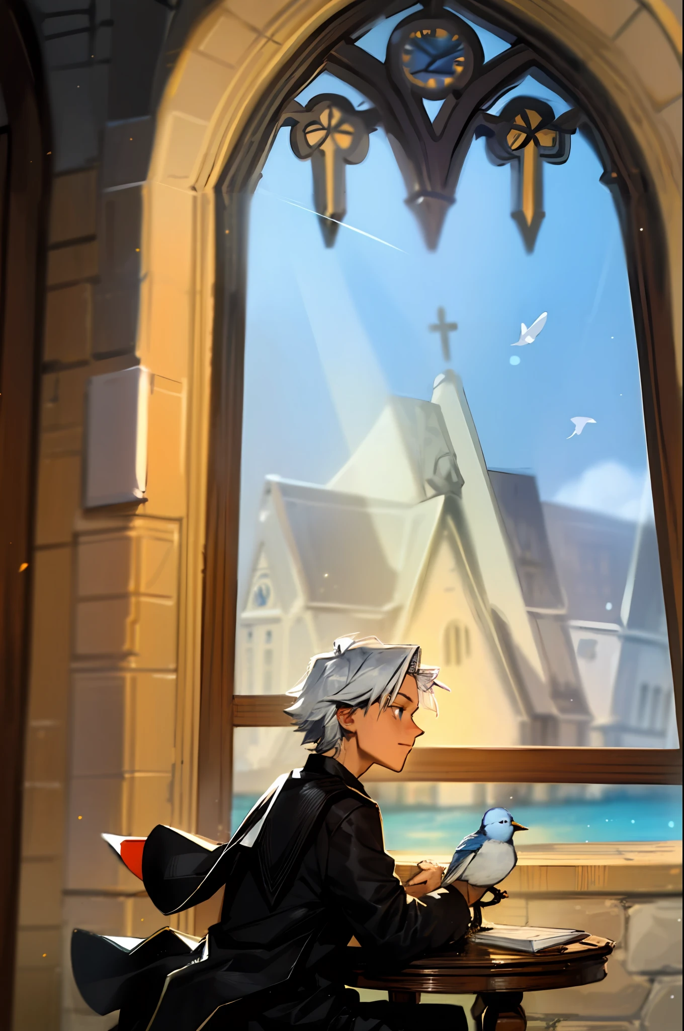 White-skinned boy，Dark blue church costume，White lining，In front of the glass stained window，white color hair，Blue eyes like the ocean，sun beam，White bird stopping at the table，Scriptures scattered on the ground